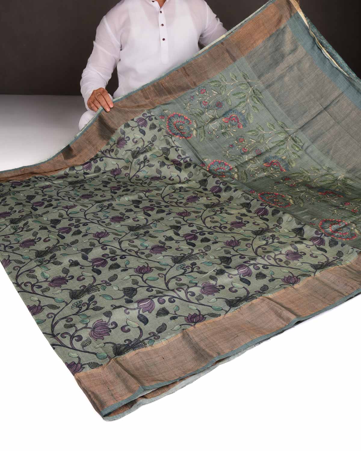 Gray Black On Blue Floral Printed Tasar Silk Saree with Tissue Border-HolyWeaves