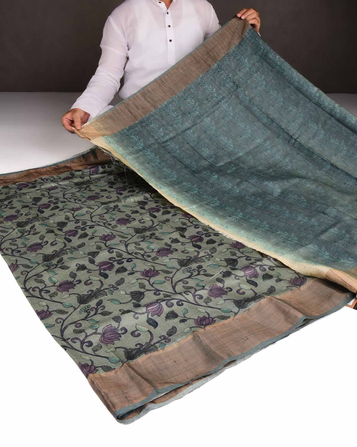 Gray Black On Blue Floral Printed Tasar Silk Saree with Tissue Border-HolyWeaves
