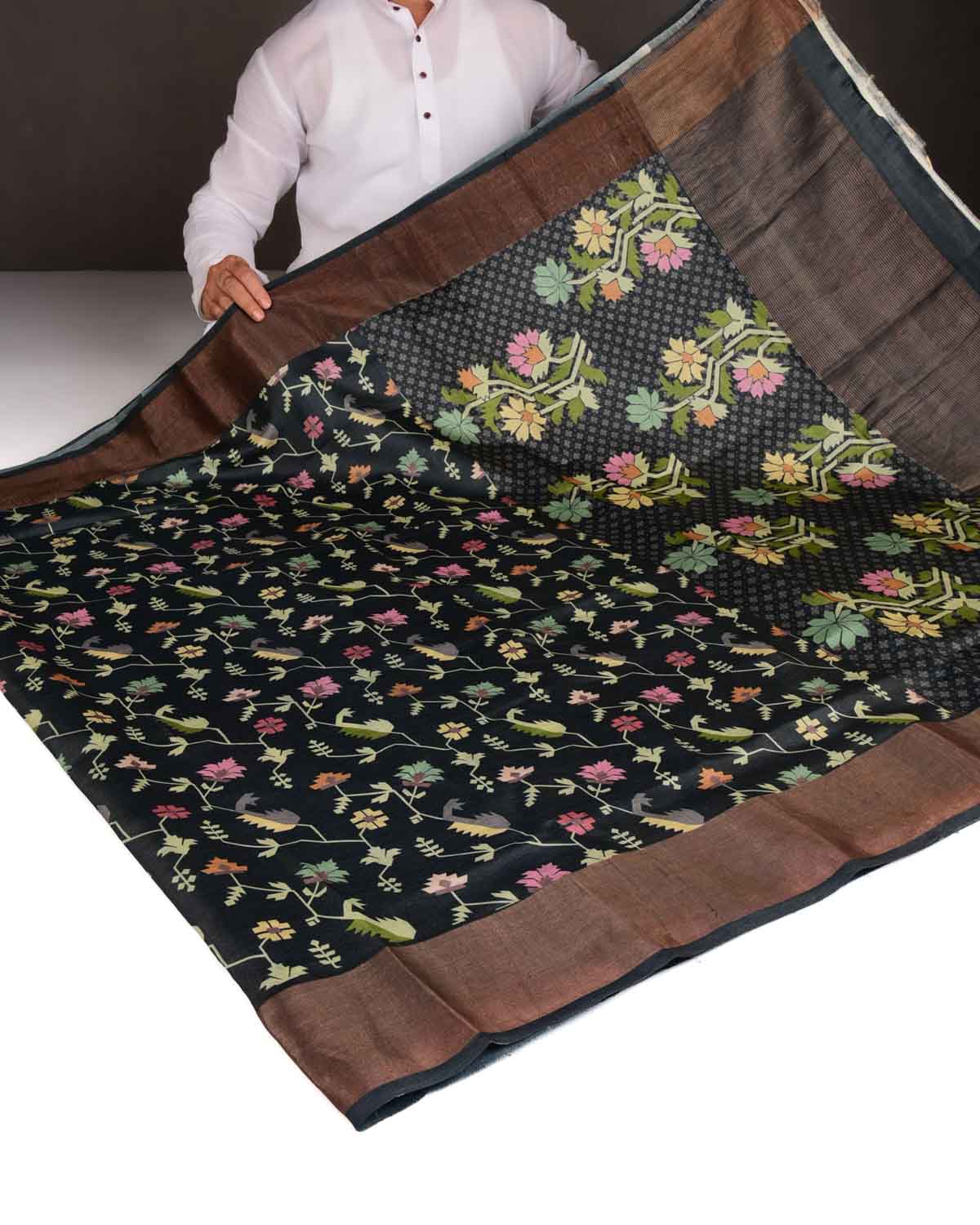 Black Floral Jamdani Printed Tasar Silk Saree with Tissue Border-HolyWeaves