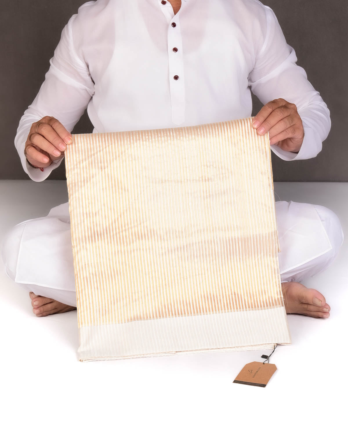 Metallic Gold Stripes Brocade Woven Dupion Silk Saree with Satin Border-HolyWeaves