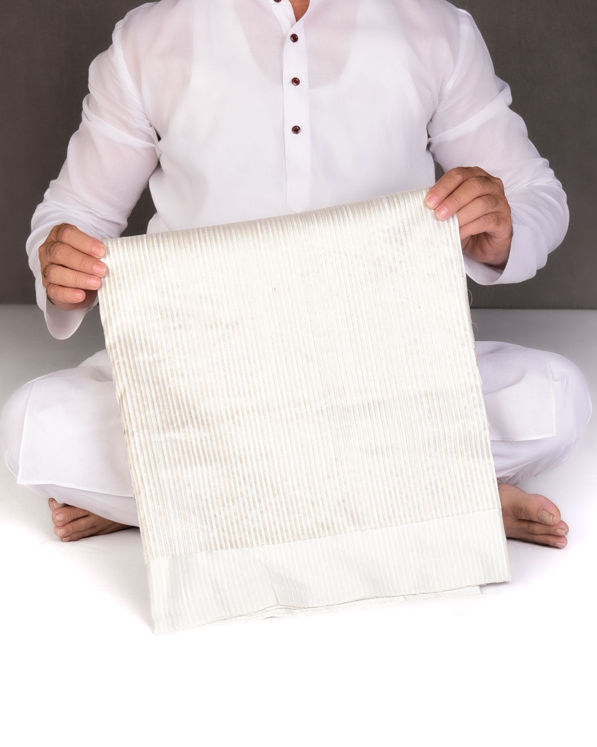 Metallic Silver Stripes Brocade Woven Dupion Silk Saree with Satin Border-HolyWeaves