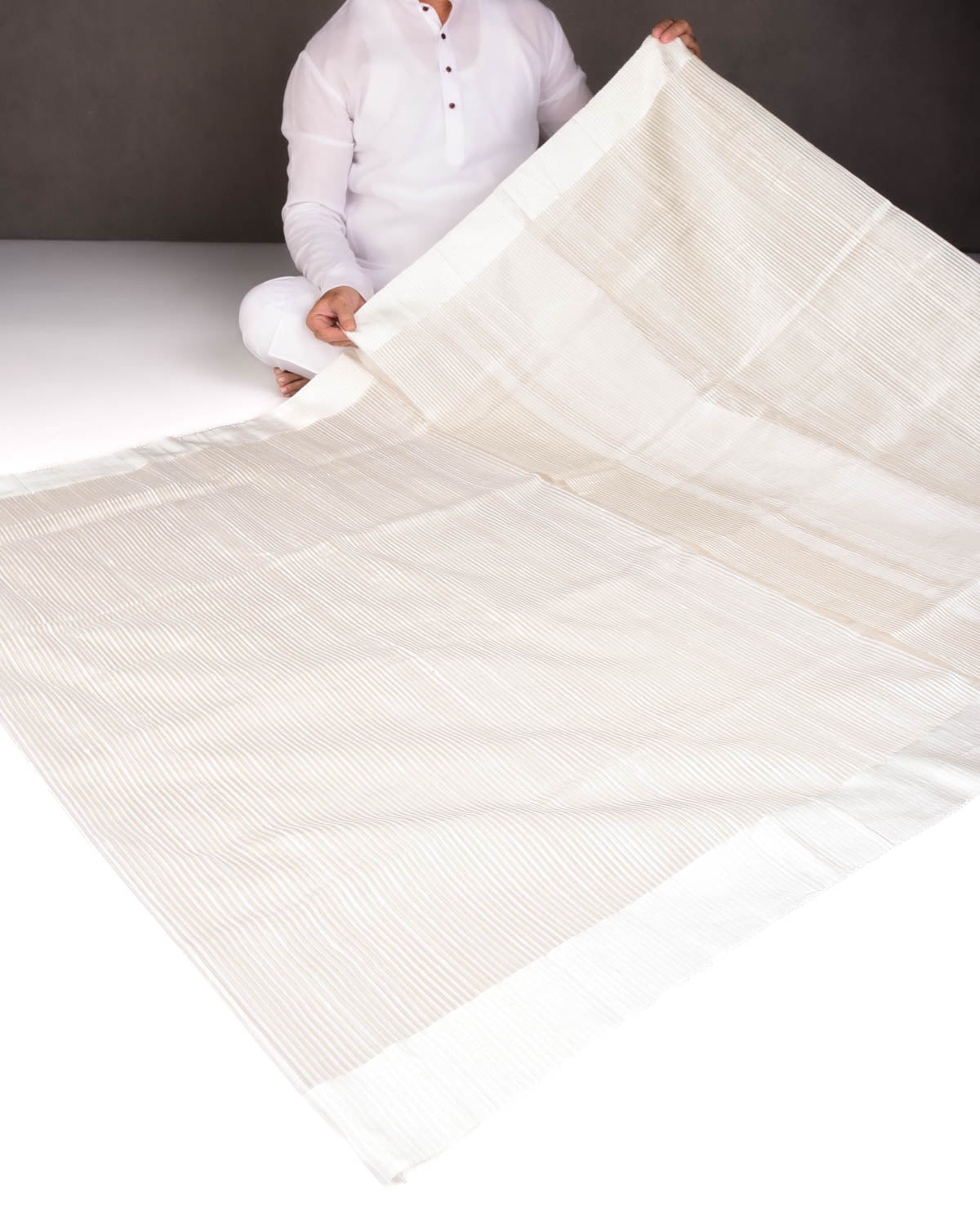 Metallic Silver Stripes Brocade Woven Dupion Silk Saree with Satin Border-HolyWeaves