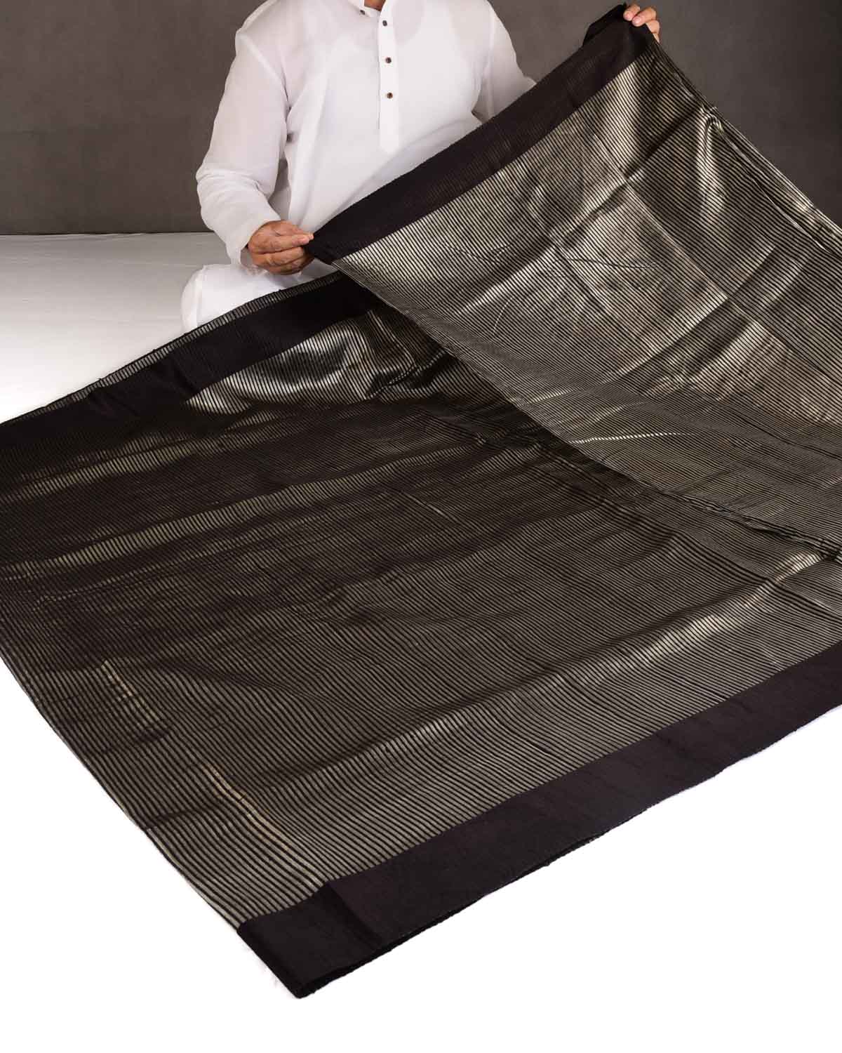 Black Silver Zari Stripes Brocade Woven Dupion Silk Saree with Satin Border