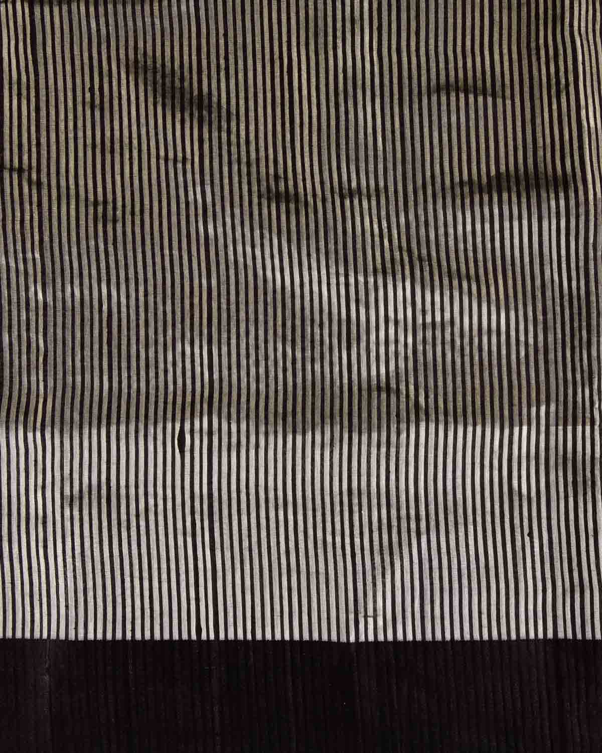 Black Silver Zari Stripes Brocade Woven Dupion Silk Saree with Satin Border