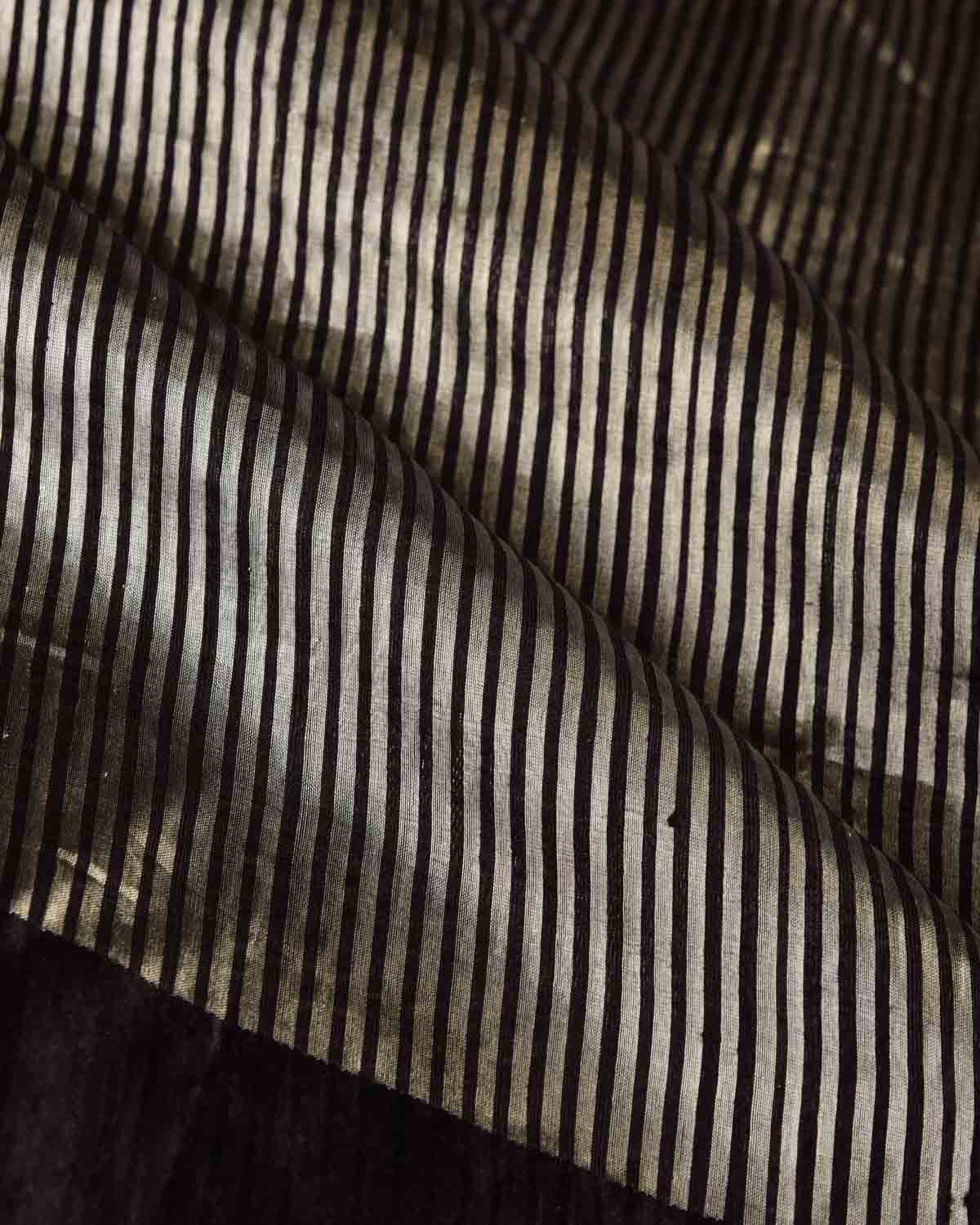 Black Silver Zari Stripes Brocade Woven Dupion Silk Saree with Satin Border