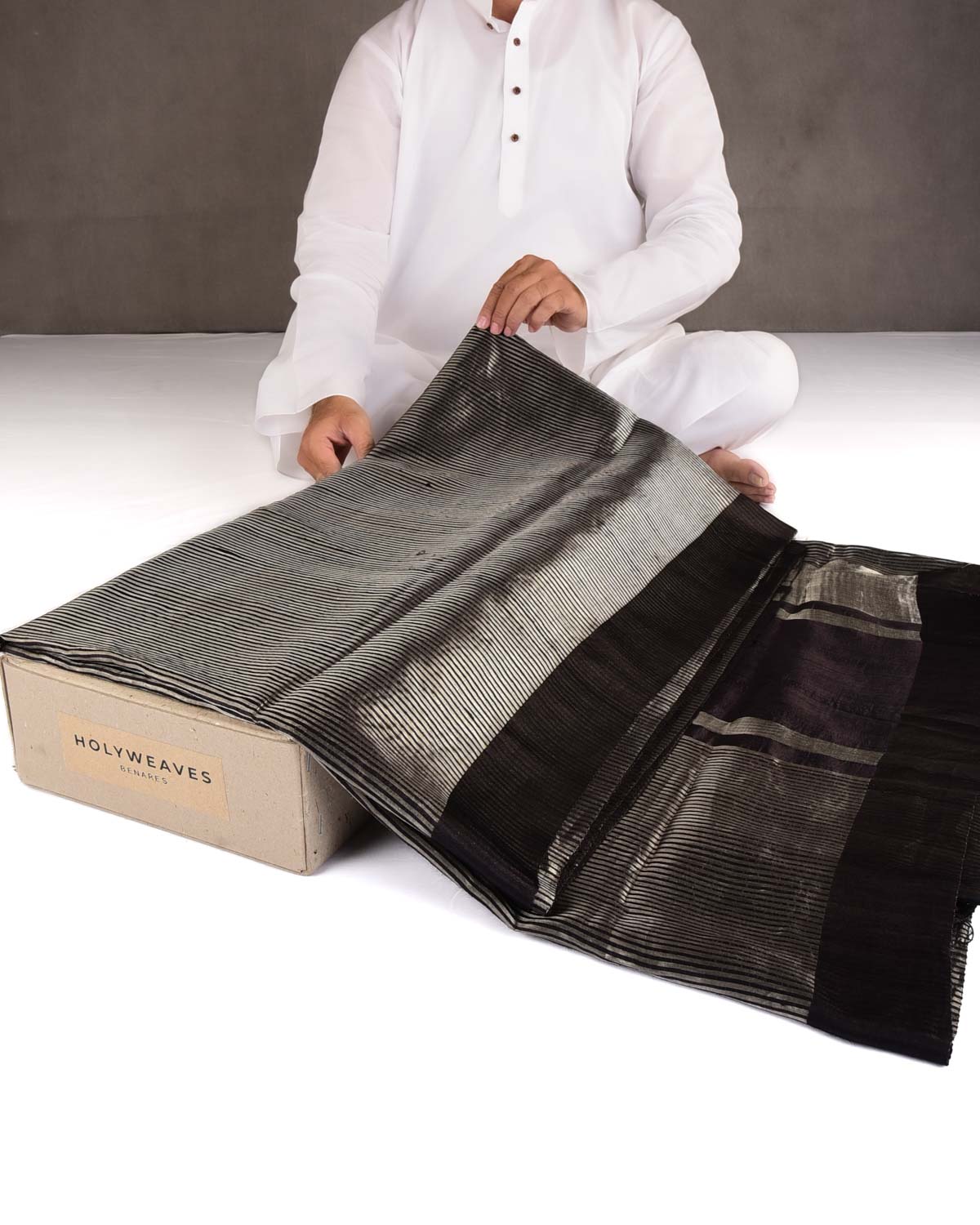 Black Silver Zari Stripes Brocade Woven Dupion Silk Saree with Satin Border