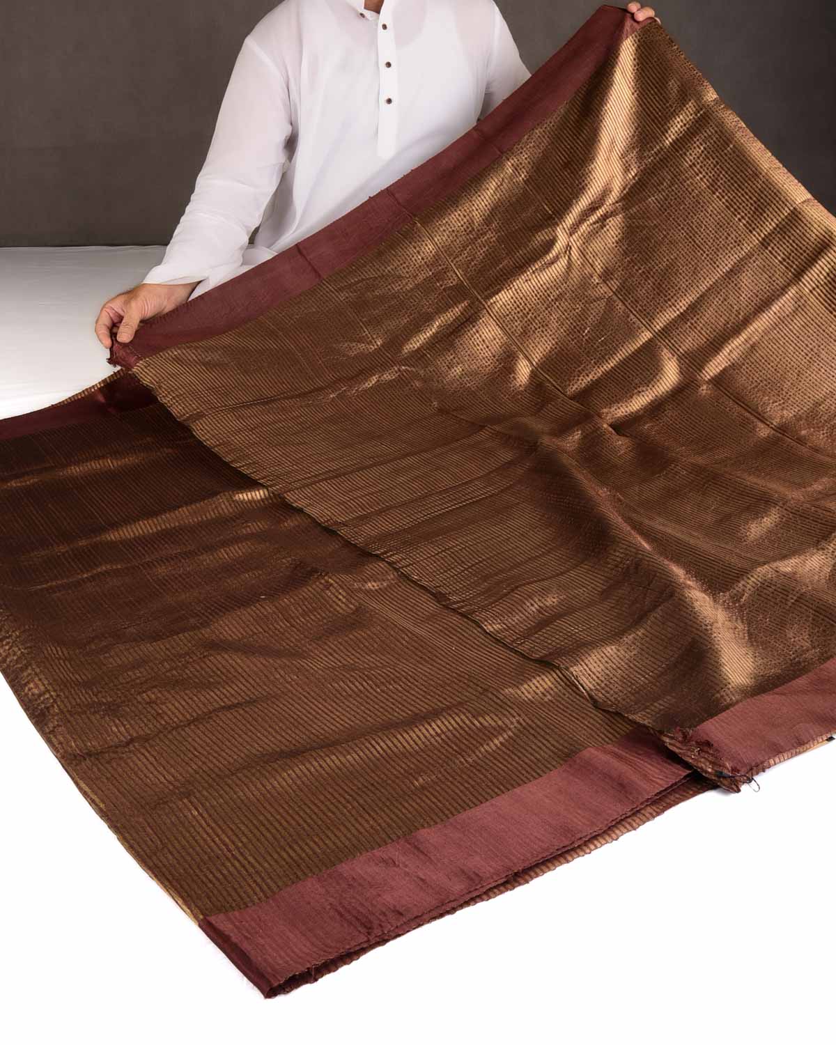 Brown Gold Zari Stripes Brocade Woven Dupion Silk Saree with Satin Border