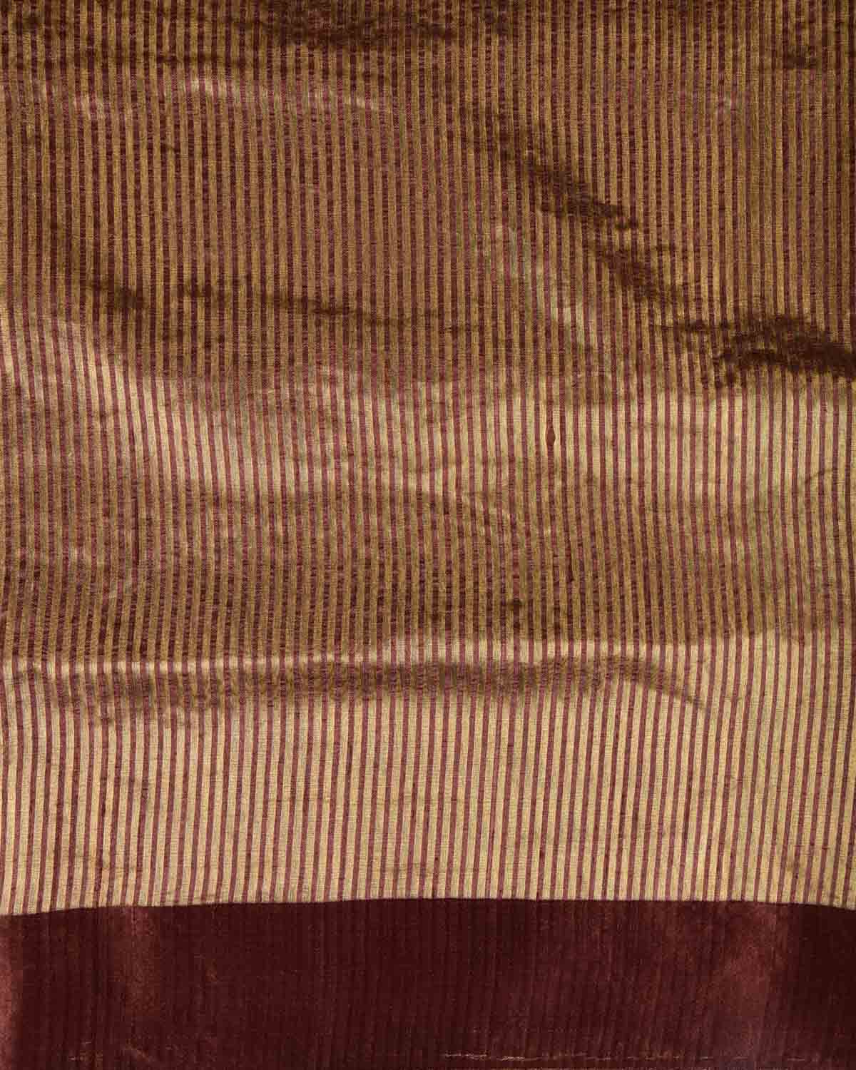 Brown Gold Zari Stripes Brocade Woven Dupion Silk Saree with Satin Border