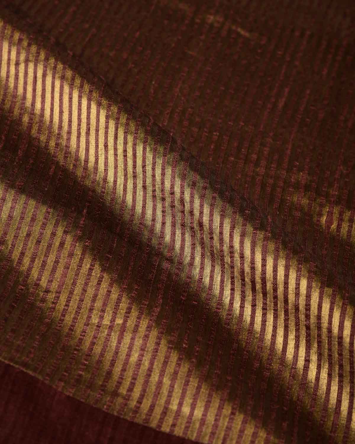 Brown Gold Zari Stripes Brocade Woven Dupion Silk Saree with Satin Border