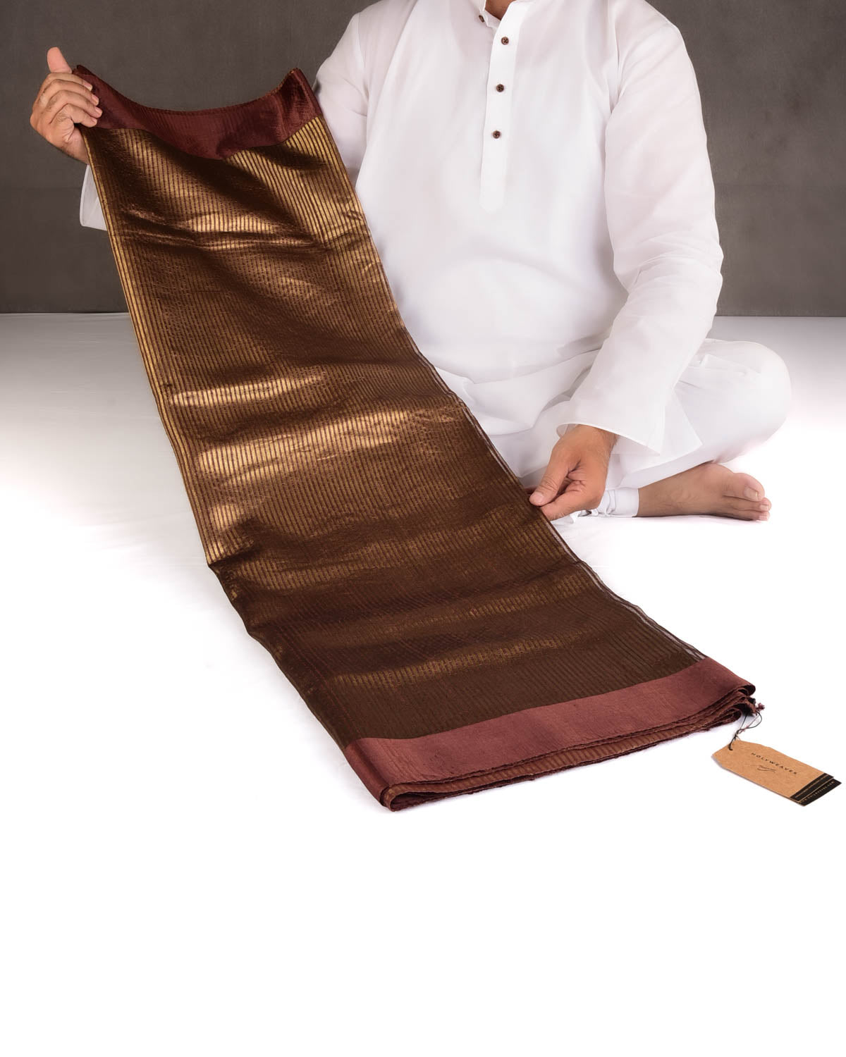 Brown Gold Zari Stripes Brocade Woven Dupion Silk Saree with Satin Border