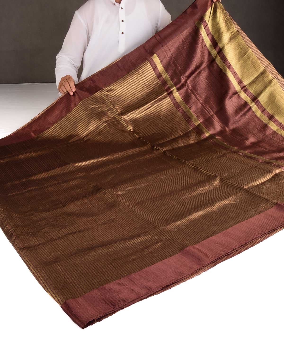 Brown Gold Zari Stripes Brocade Woven Dupion Silk Saree with Satin Border