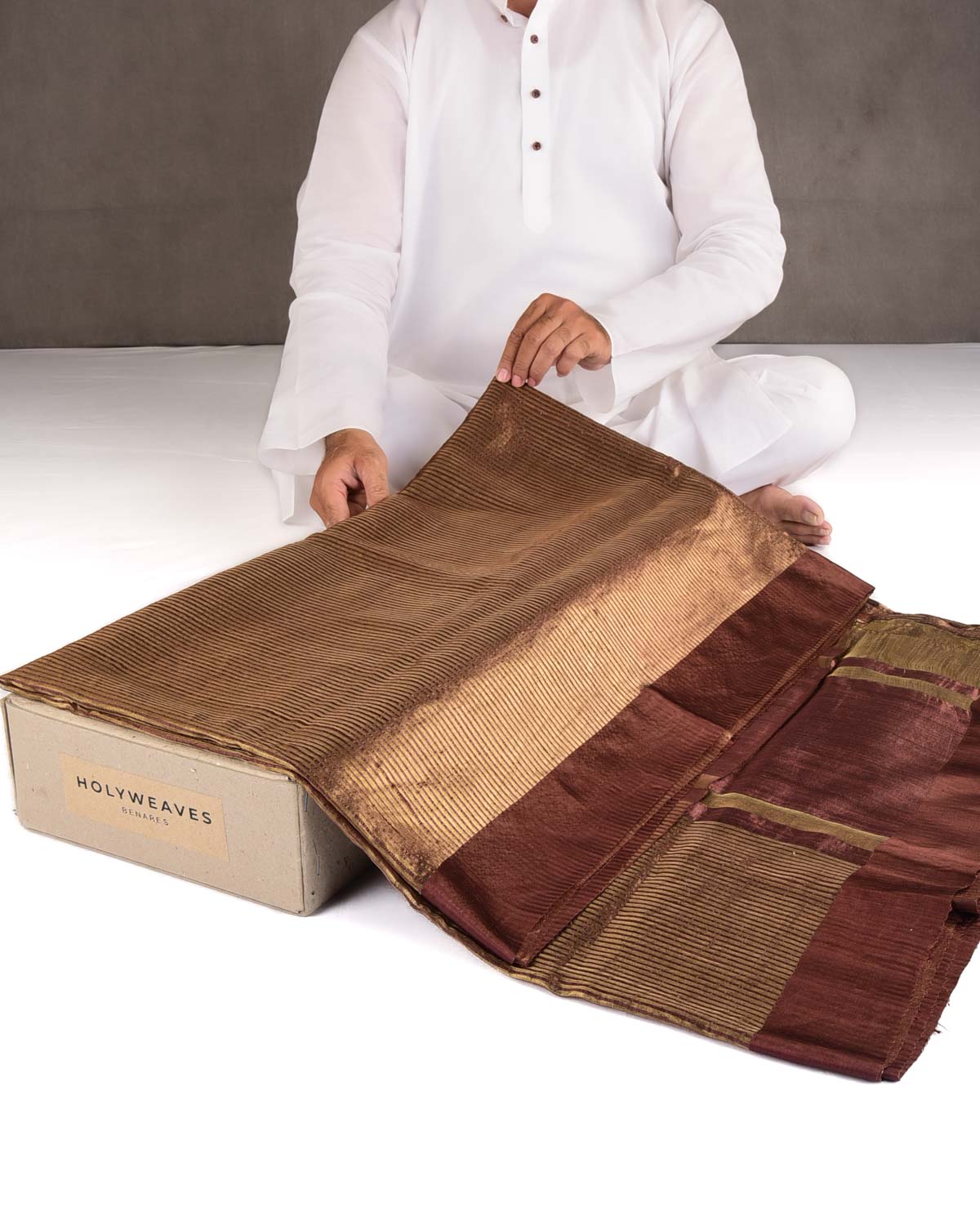 Brown Gold Zari Stripes Brocade Woven Dupion Silk Saree with Satin Border