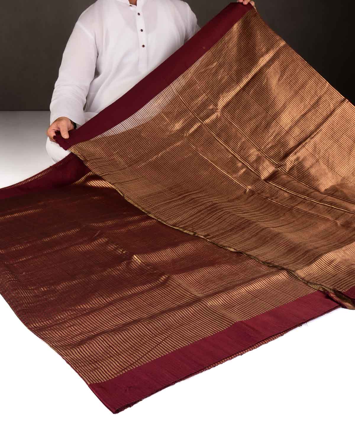Burgundy Gold Zari Stripes Brocade Woven Dupion Silk Saree with Satin Border