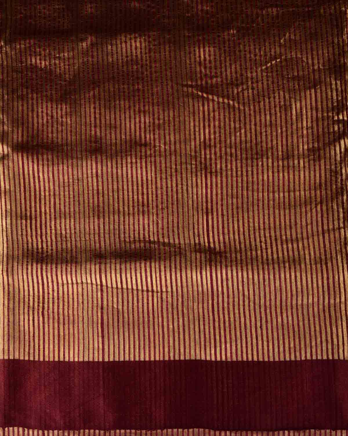 Burgundy Gold Zari Stripes Brocade Woven Dupion Silk Saree with Satin Border