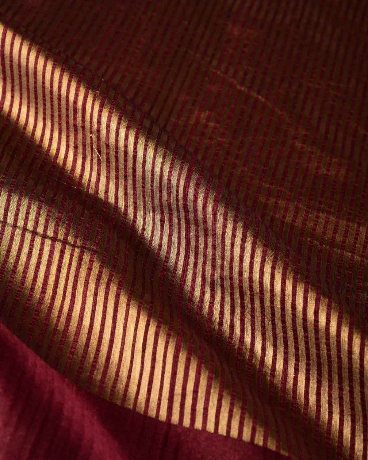 Burgundy Gold Zari Stripes Brocade Woven Dupion Silk Saree with Satin Border