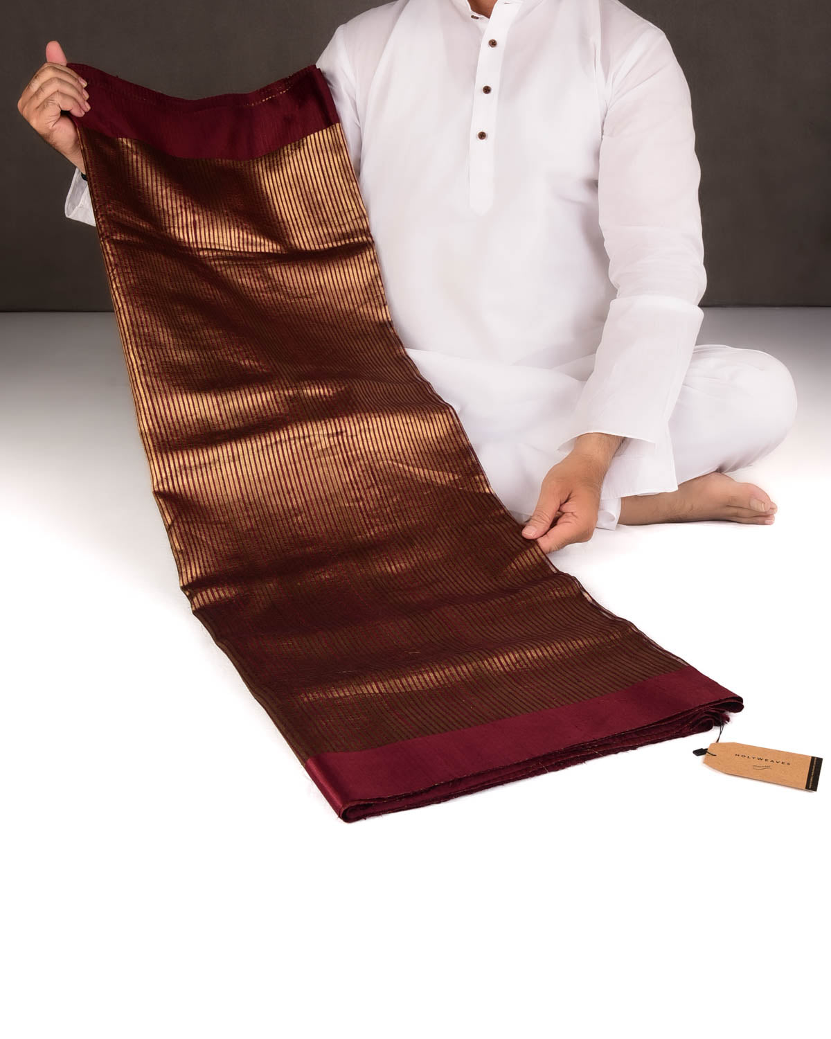 Burgundy Gold Zari Stripes Brocade Woven Dupion Silk Saree with Satin Border
