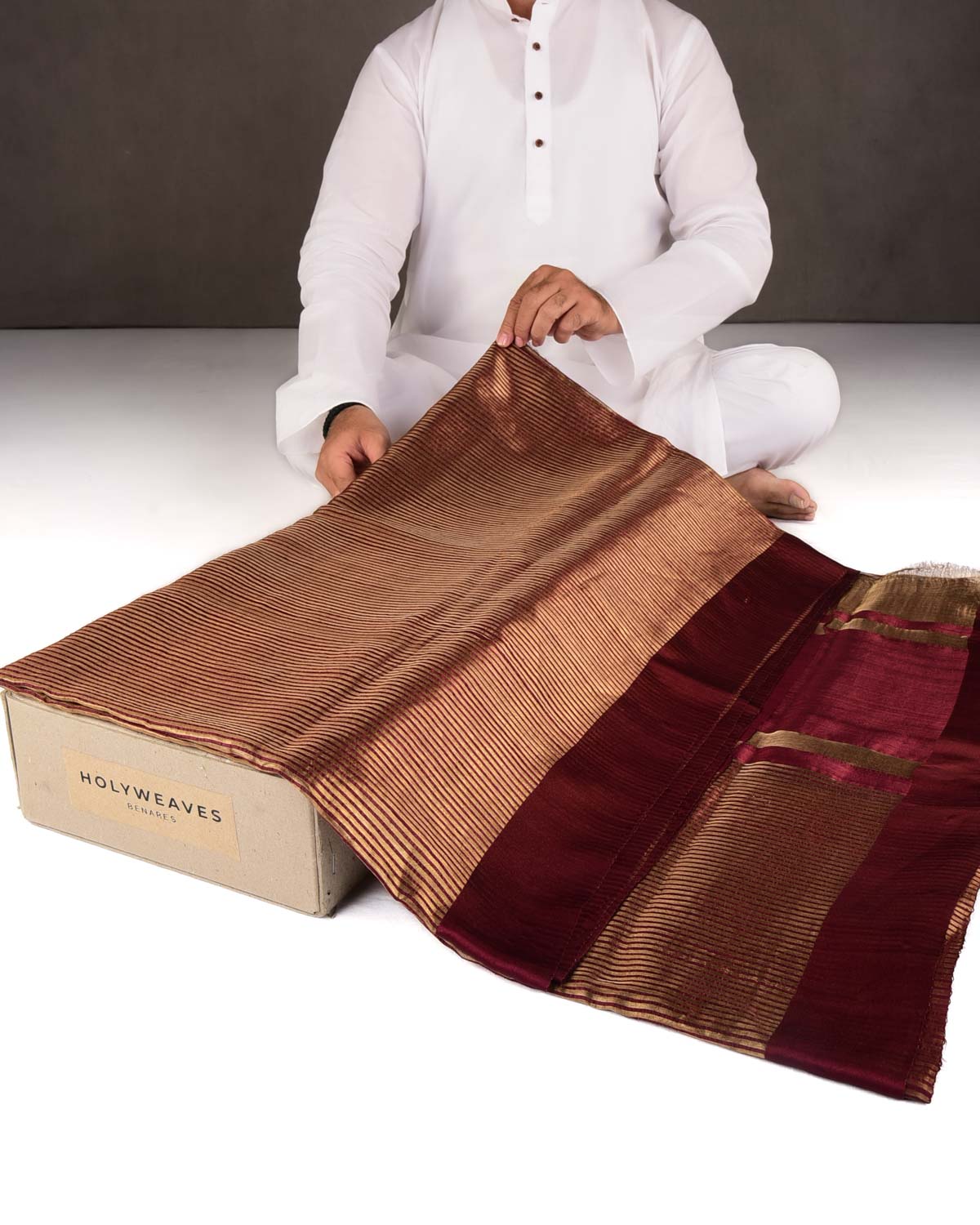 Burgundy Gold Zari Stripes Brocade Woven Dupion Silk Saree with Satin Border