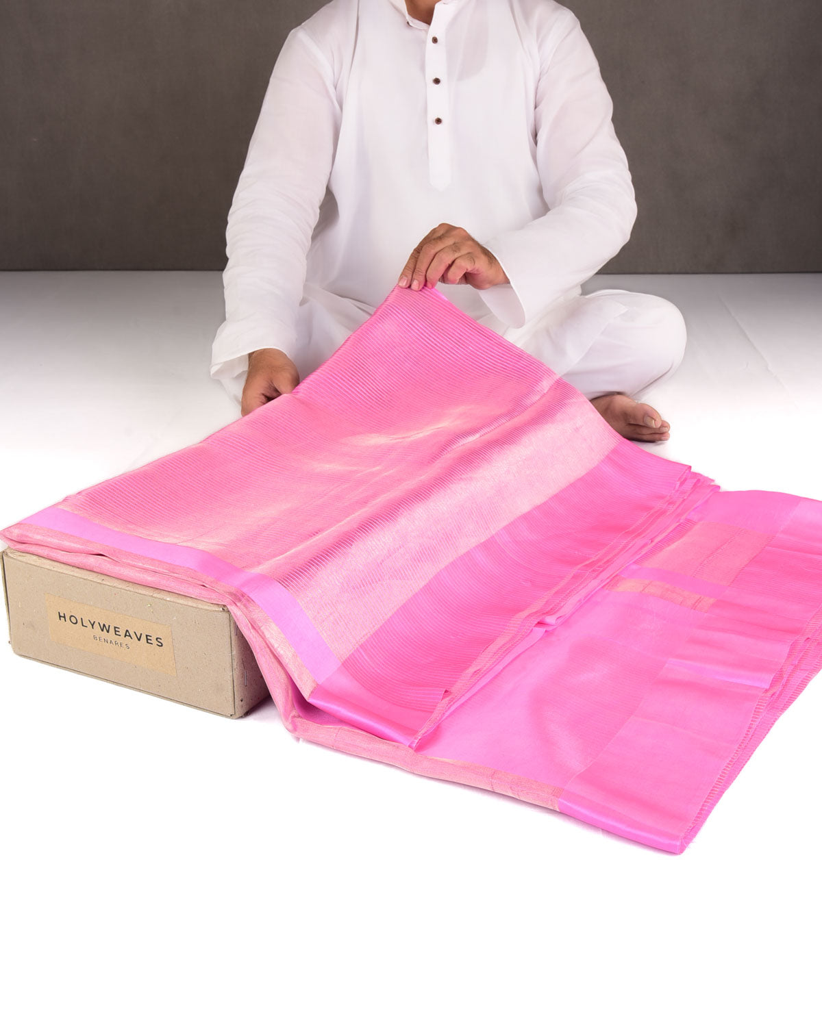 Pink Gold Zari Stripes Brocade Woven Spun Silk Banarasi Saree with Satin Border