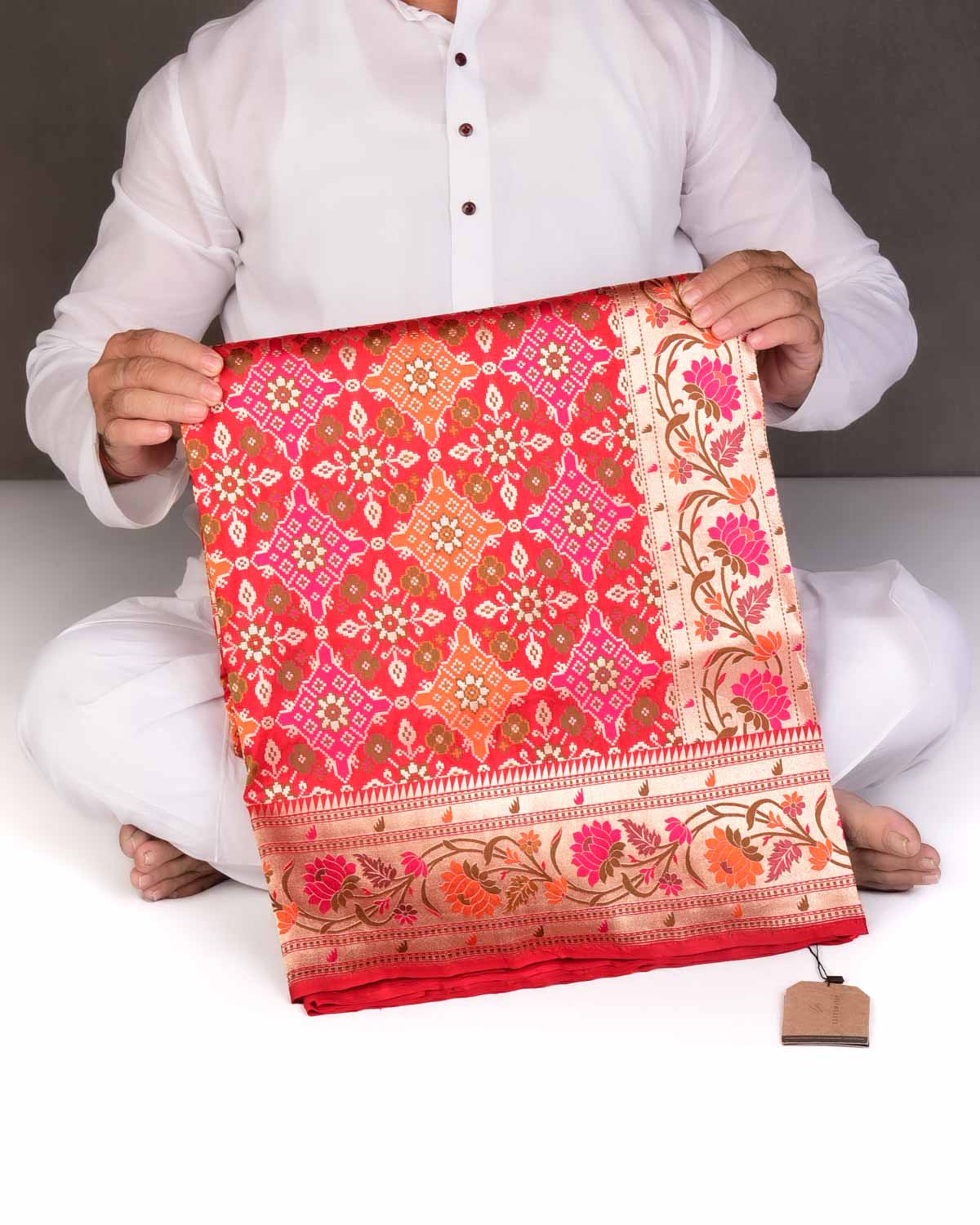 Bridal Red Traditional Patola Cutwork Brocade Handwoven Katan Silk Saree-HolyWeaves