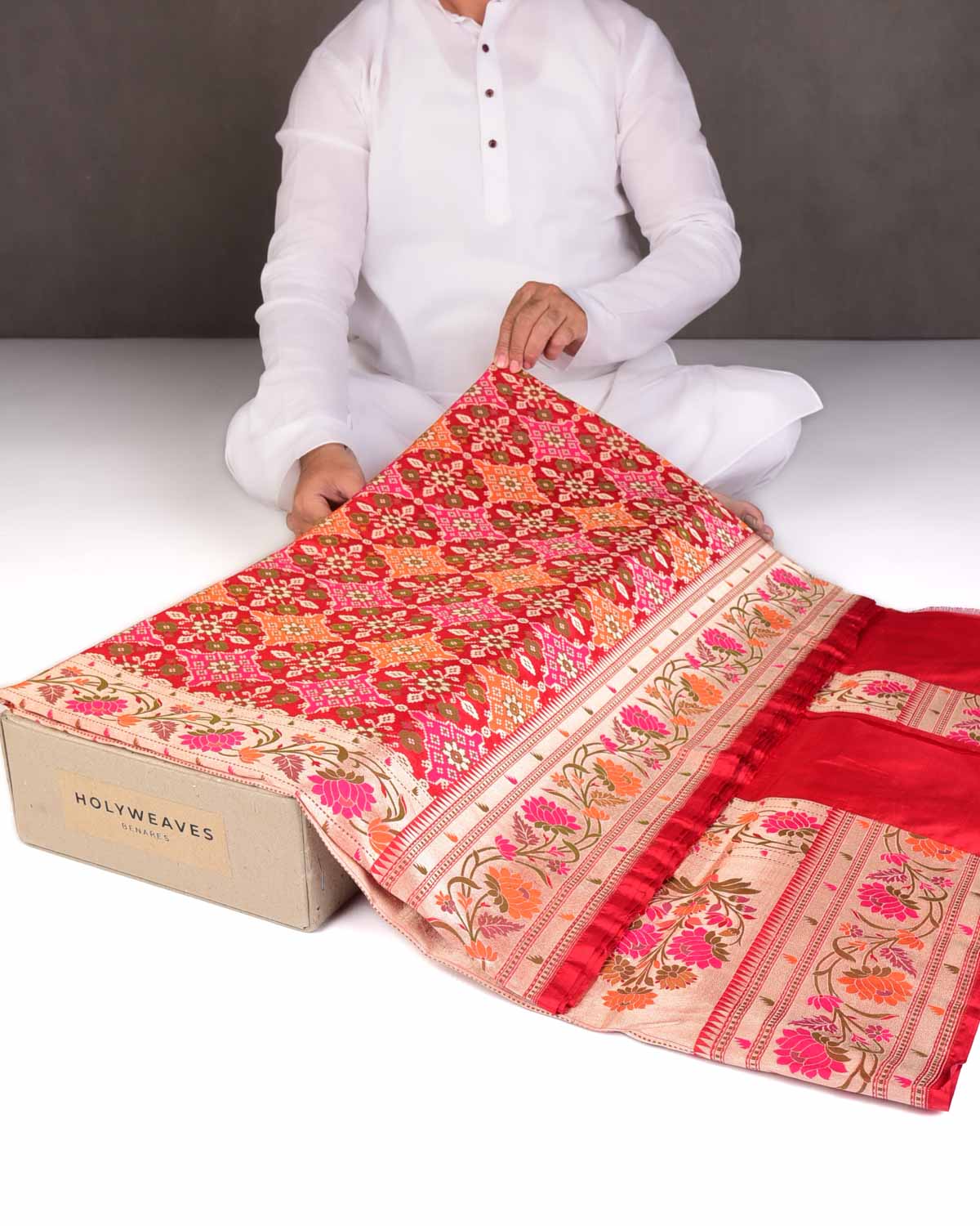 Bridal Red Traditional Patola Cutwork Brocade Handwoven Katan Silk Saree-HolyWeaves