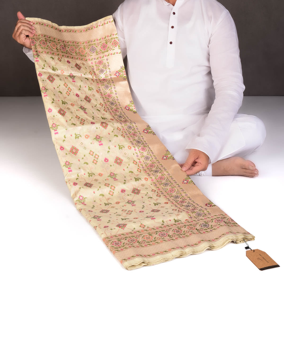 Cream Traditional Patola Cutwork Brocade Handwoven Katan Silk Saree-HolyWeaves