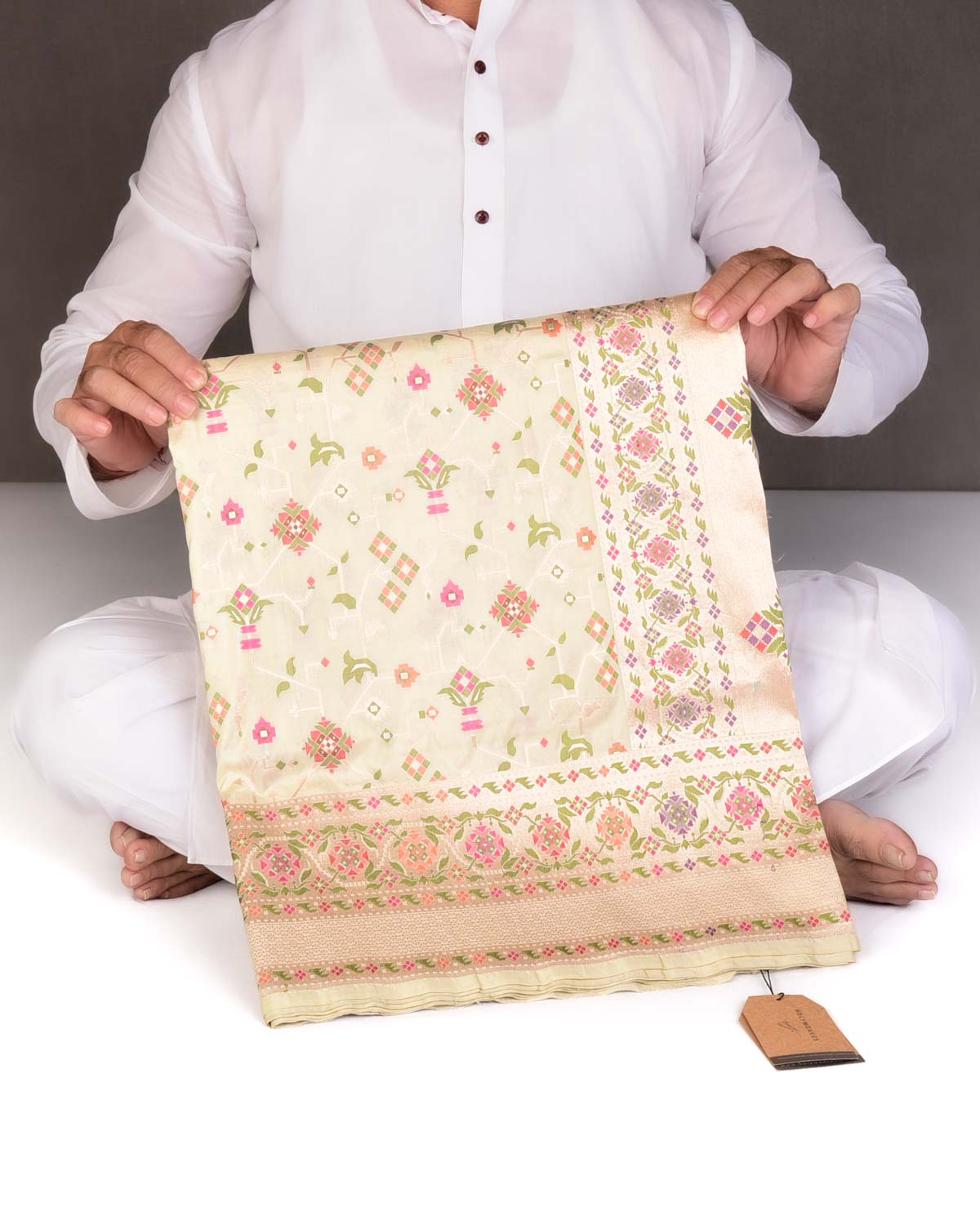 Cream Traditional Patola Cutwork Brocade Handwoven Katan Silk Saree-HolyWeaves