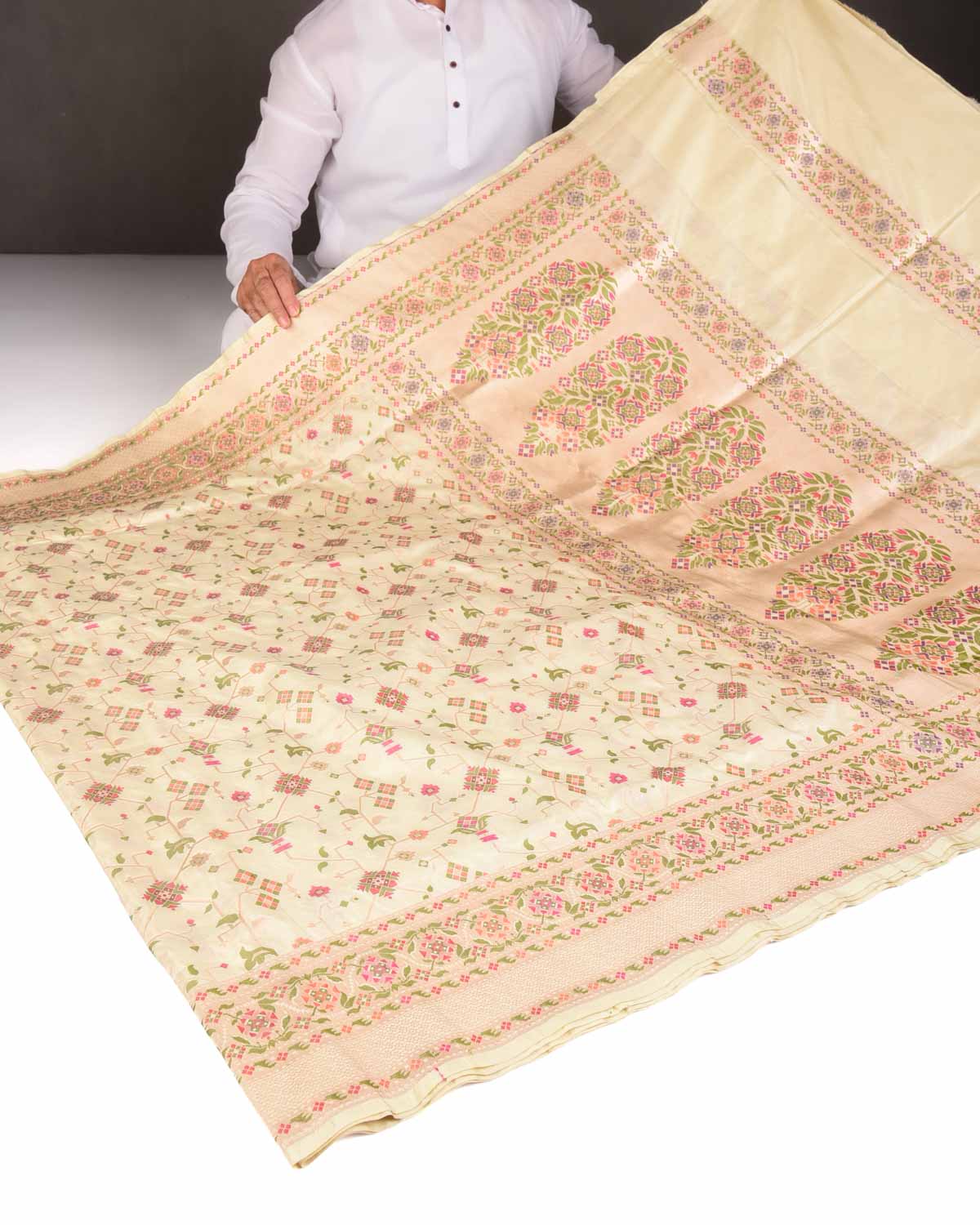 Cream Traditional Patola Cutwork Brocade Handwoven Katan Silk Saree-HolyWeaves