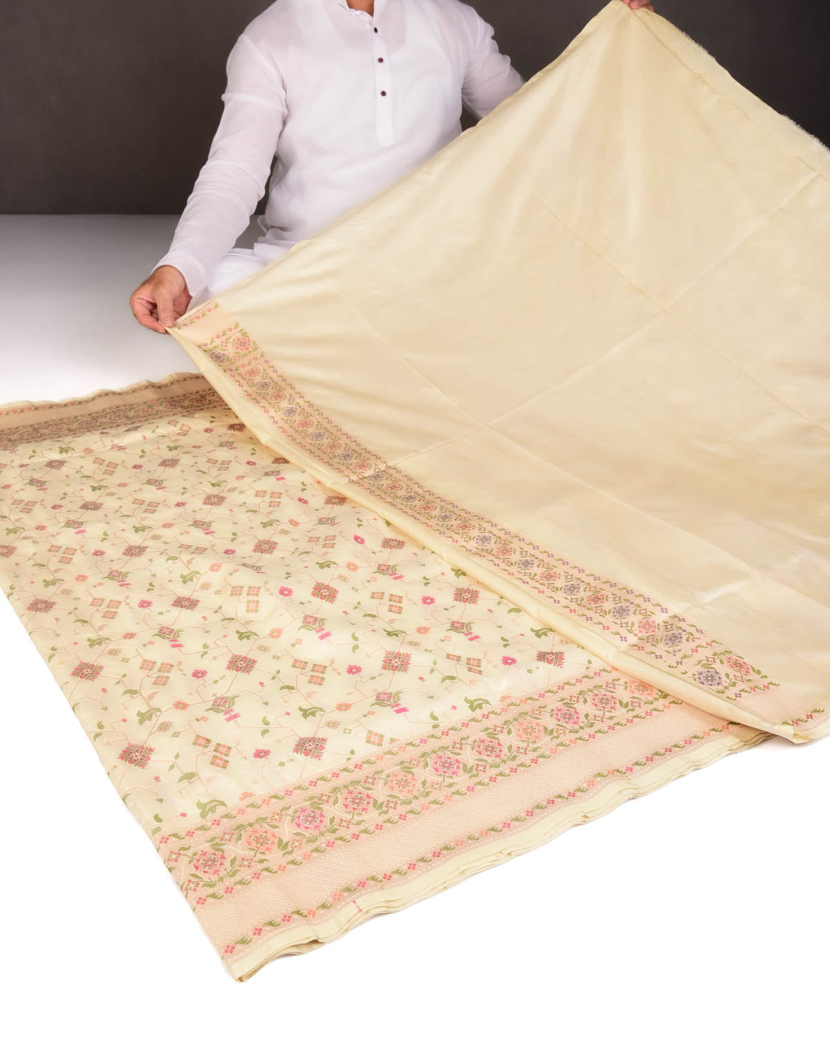 Cream Traditional Patola Cutwork Brocade Handwoven Katan Silk Saree-HolyWeaves