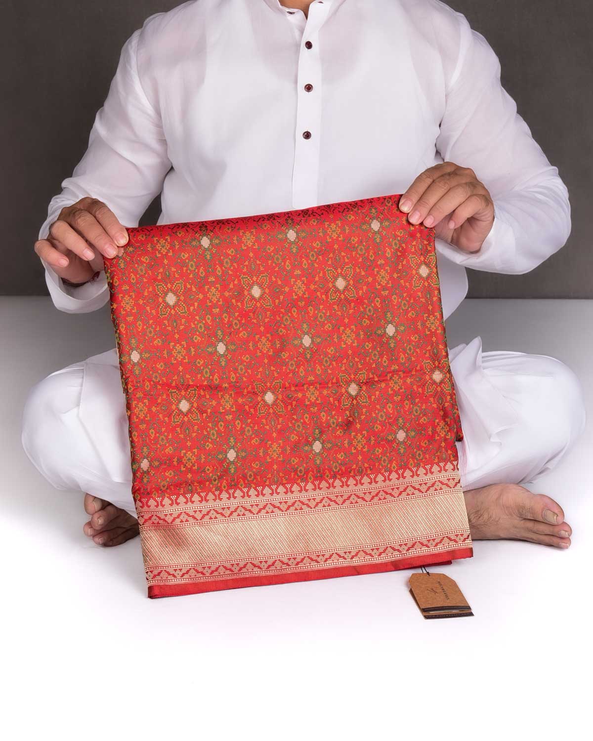 Red Traditional Tehra Satin Jamawar Brocade Handwoven Katan Silk Saree with Gold Zari Accents-HolyWeaves