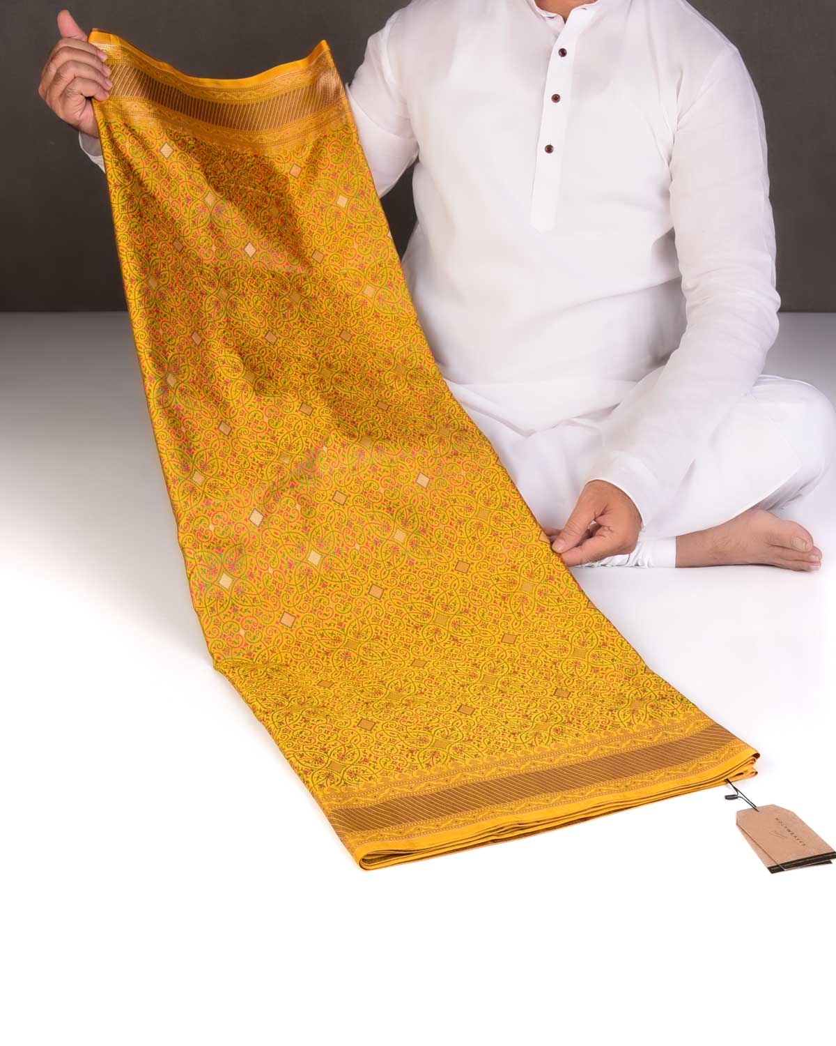 Yellow Traditional Tehra Satin Jamawar Brocade Handwoven Katan Silk Saree with Gold Zari Accents-HolyWeaves
