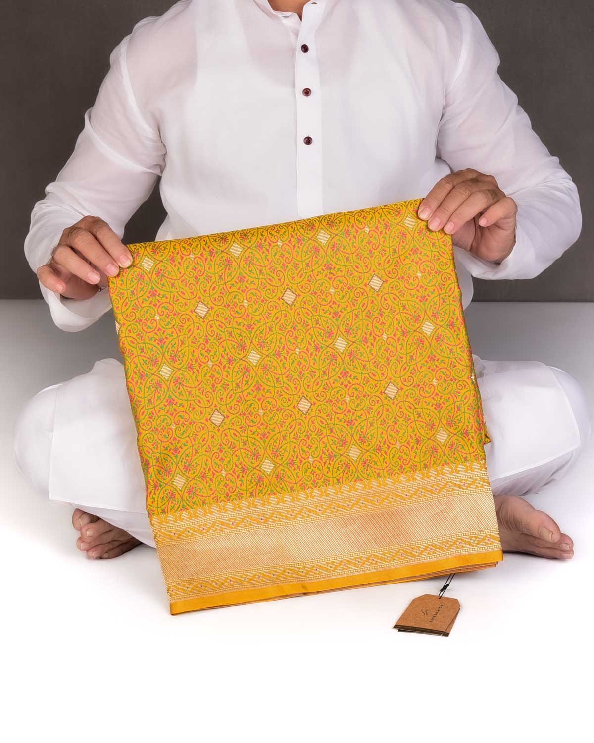 Yellow Traditional Tehra Satin Jamawar Brocade Handwoven Katan Silk Saree with Gold Zari Accents-HolyWeaves