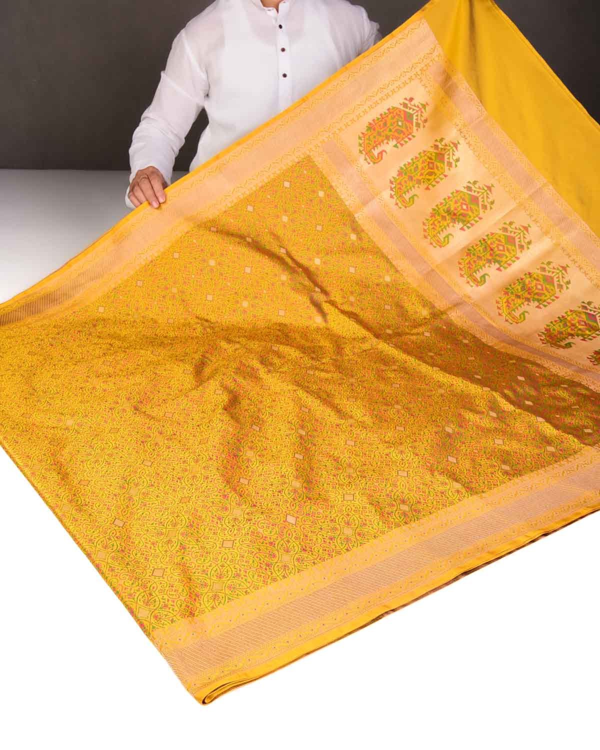 Yellow Traditional Tehra Satin Jamawar Brocade Handwoven Katan Silk Saree with Gold Zari Accents-HolyWeaves