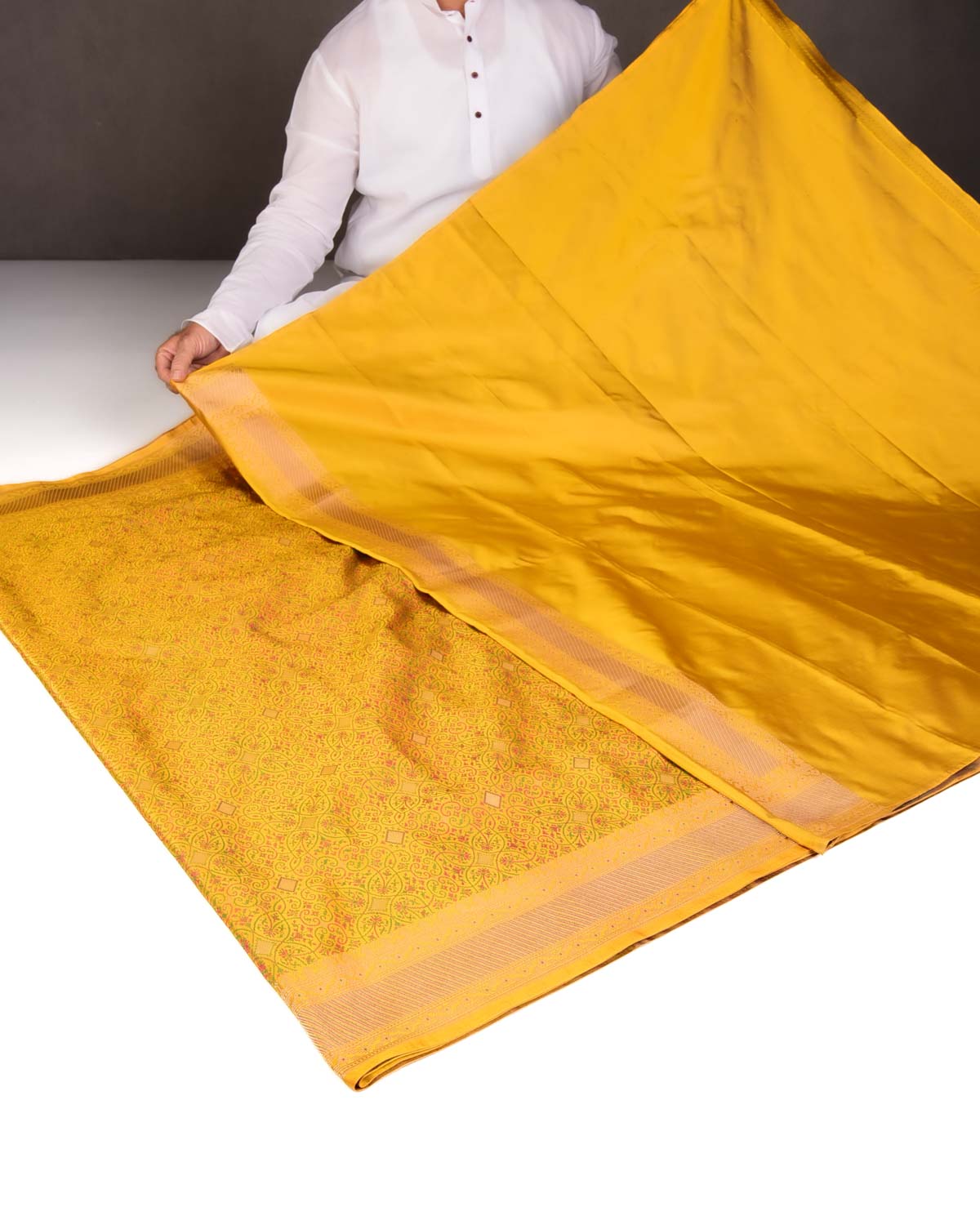 Yellow Traditional Tehra Satin Jamawar Brocade Handwoven Katan Silk Saree with Gold Zari Accents-HolyWeaves