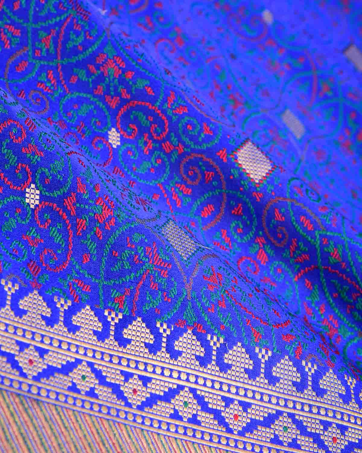 Royal Blue Traditional Tehra Satin Jamawar Brocade Handwoven Katan Silk Saree with Gold Zari Accents-HolyWeaves