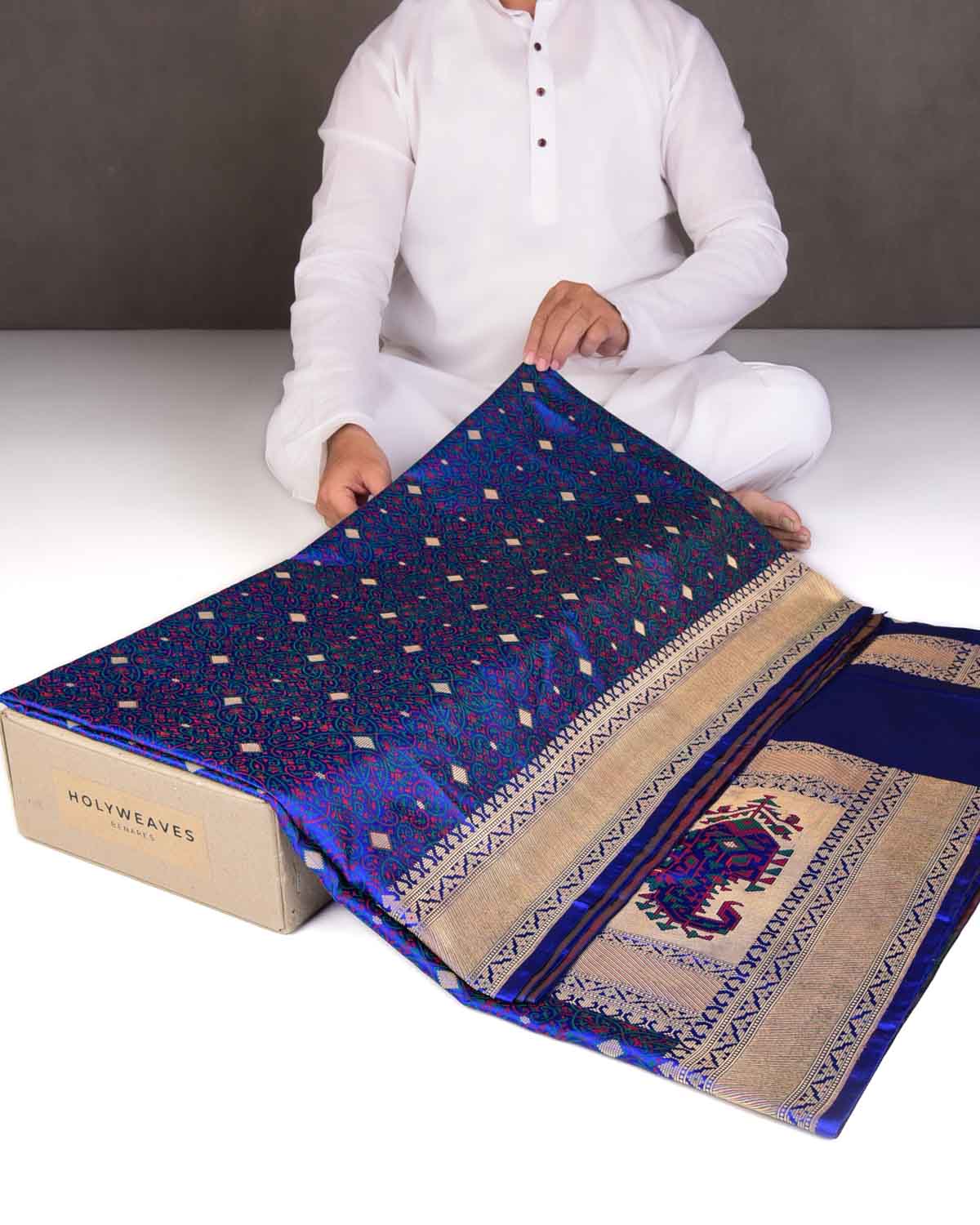 Royal Blue Traditional Tehra Satin Jamawar Brocade Handwoven Katan Silk Saree with Gold Zari Accents-HolyWeaves