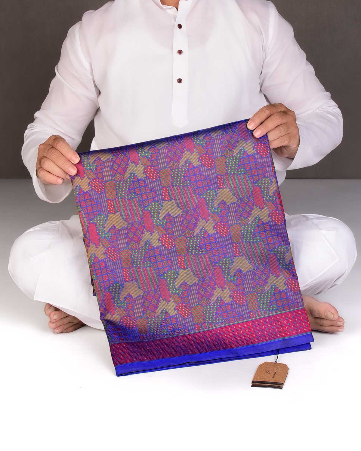 Royal Blue Abstract Tehra Satin Jamawar Handwoven Katan Silk Saree-HolyWeaves