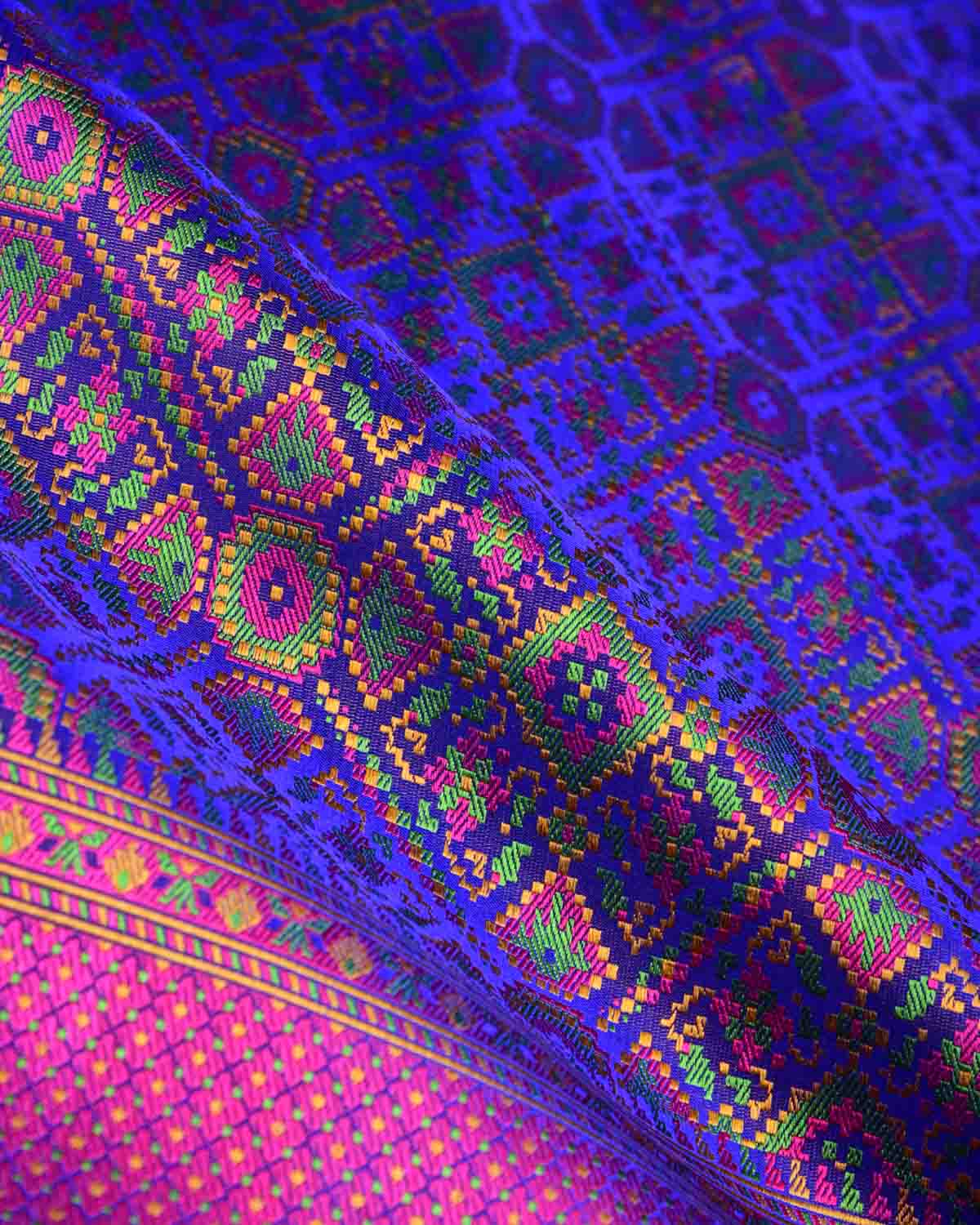 Royal Blue Traditional Patola Satin Jamawar Handwoven Katan Silk Saree-HolyWeaves