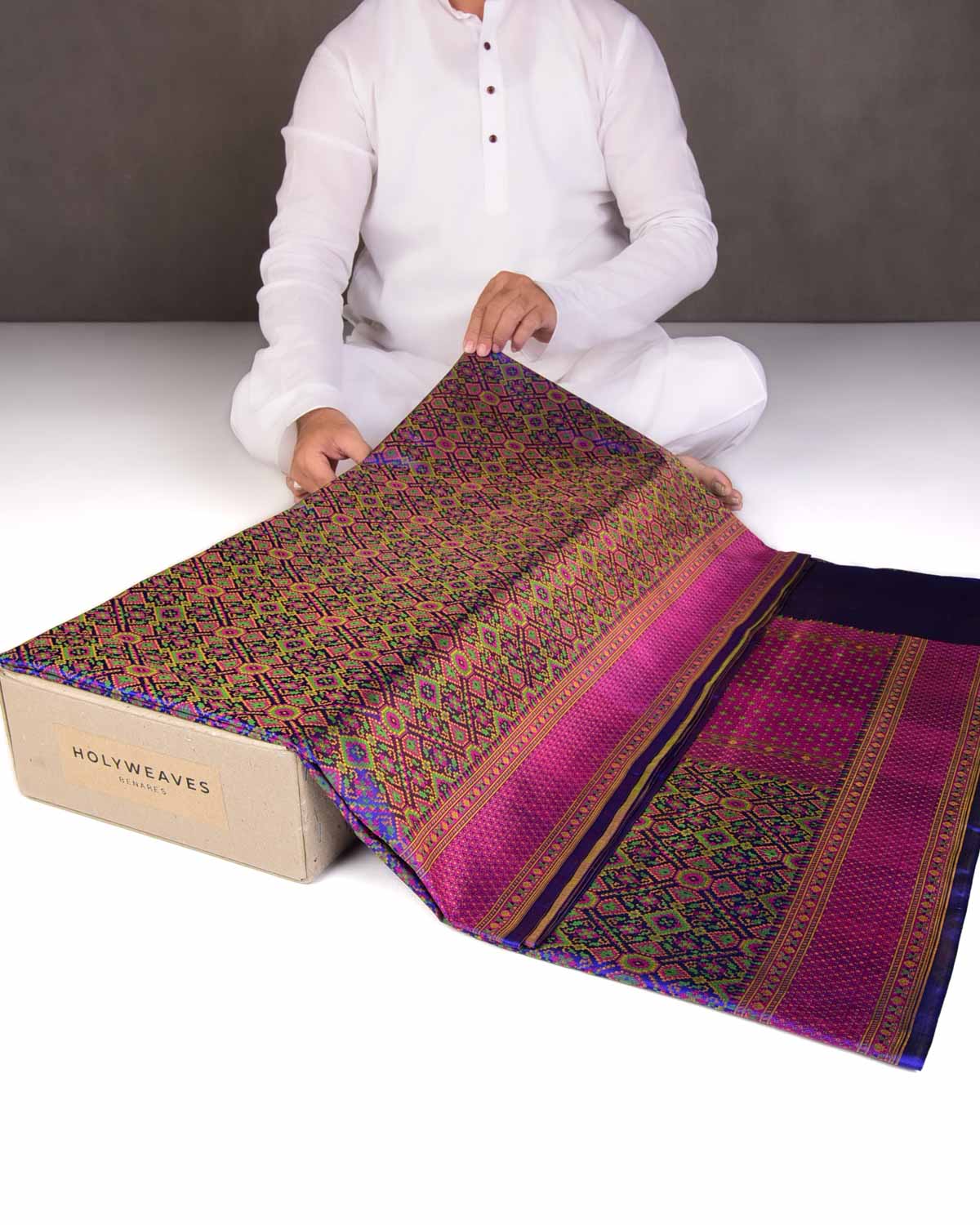 Royal Blue Traditional Patola Satin Jamawar Handwoven Katan Silk Saree-HolyWeaves