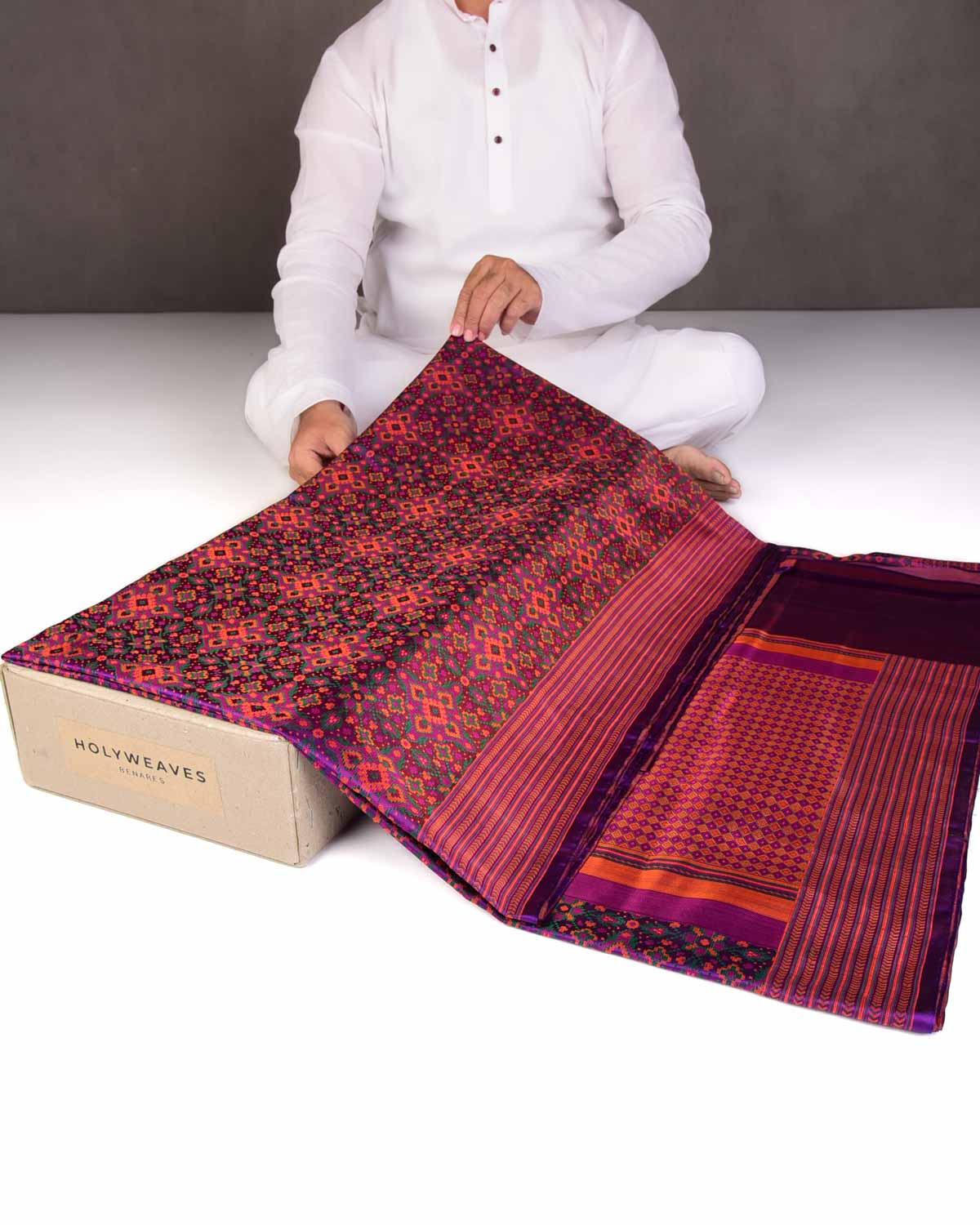 Purple Traditional Patola Satin Jamawar Handwoven Katan Silk Saree-HolyWeaves