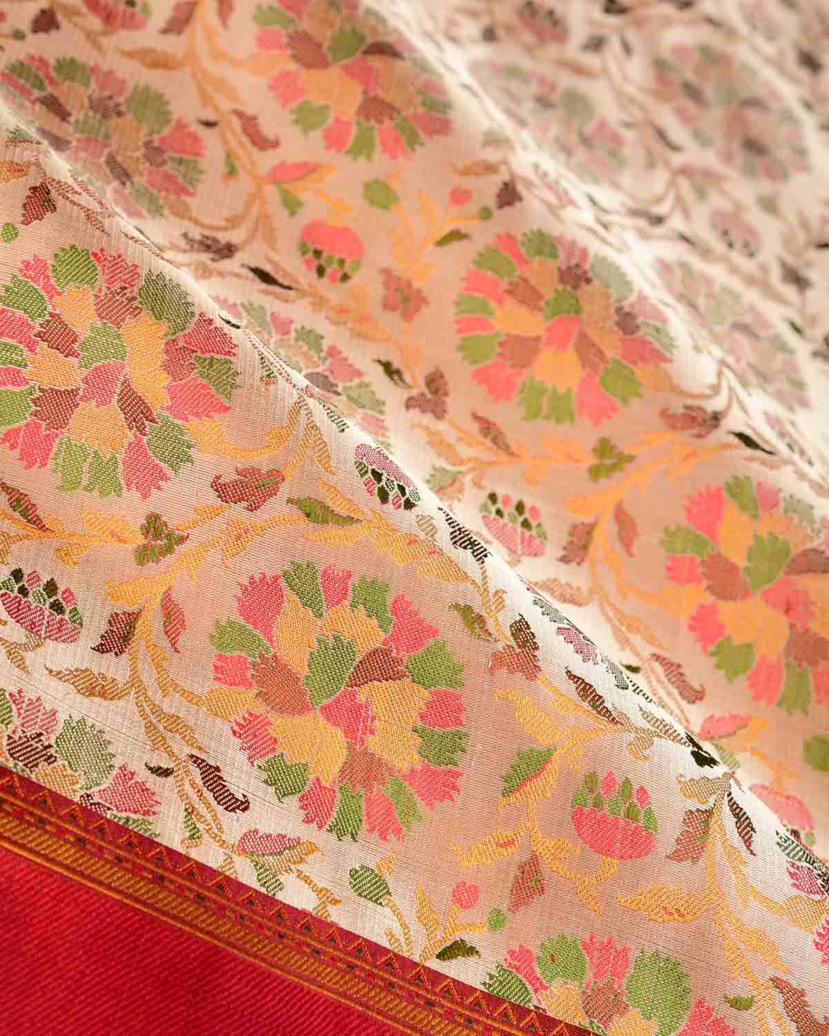 Beige Tehra Floral Satin Jamawar Handwoven Katan Silk Saree-HolyWeaves