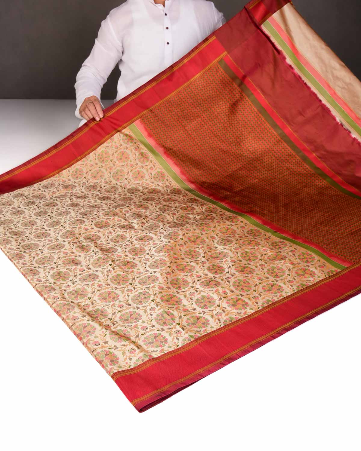 Beige Tehra Floral Satin Jamawar Handwoven Katan Silk Saree-HolyWeaves
