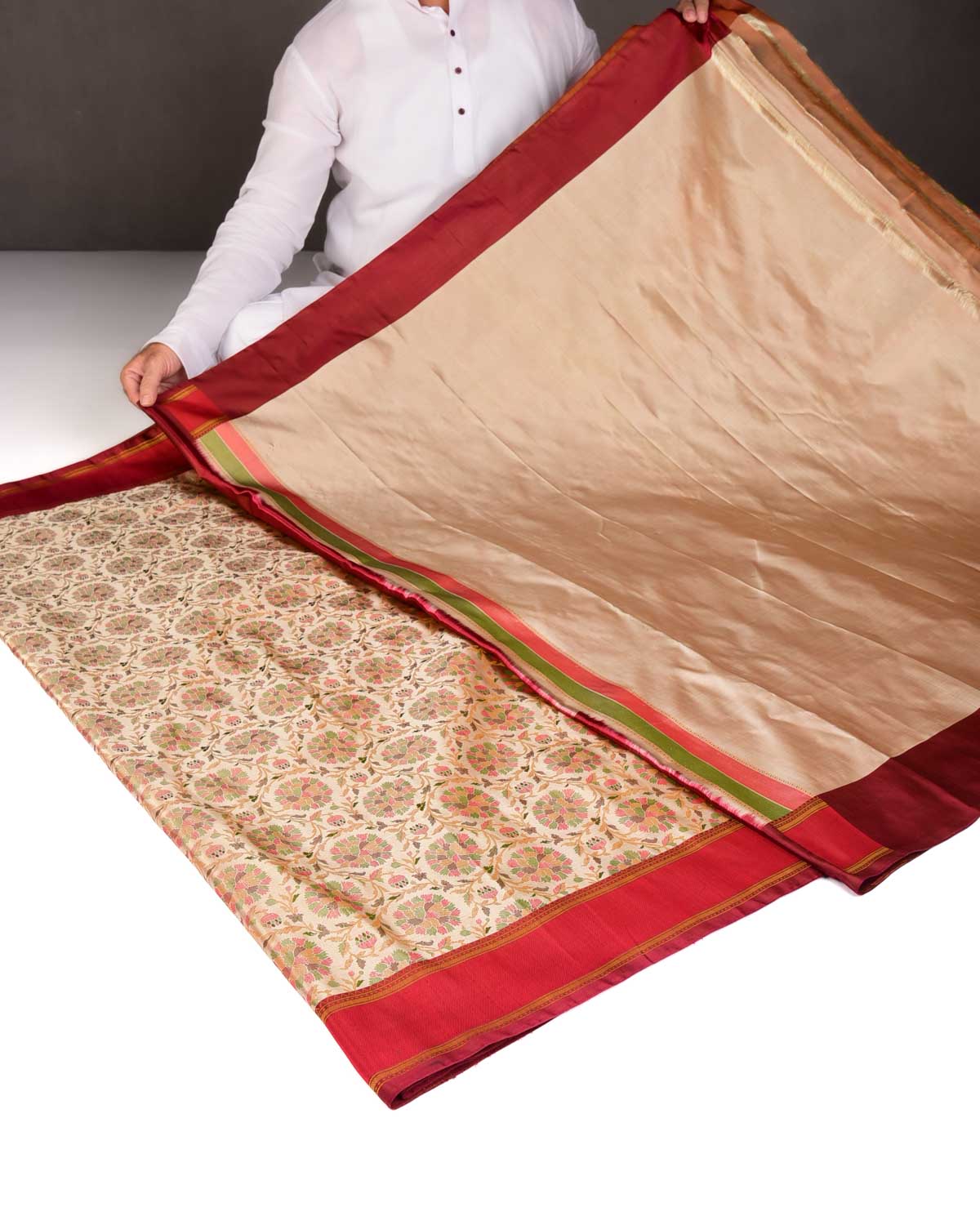 Beige Tehra Floral Satin Jamawar Handwoven Katan Silk Saree-HolyWeaves