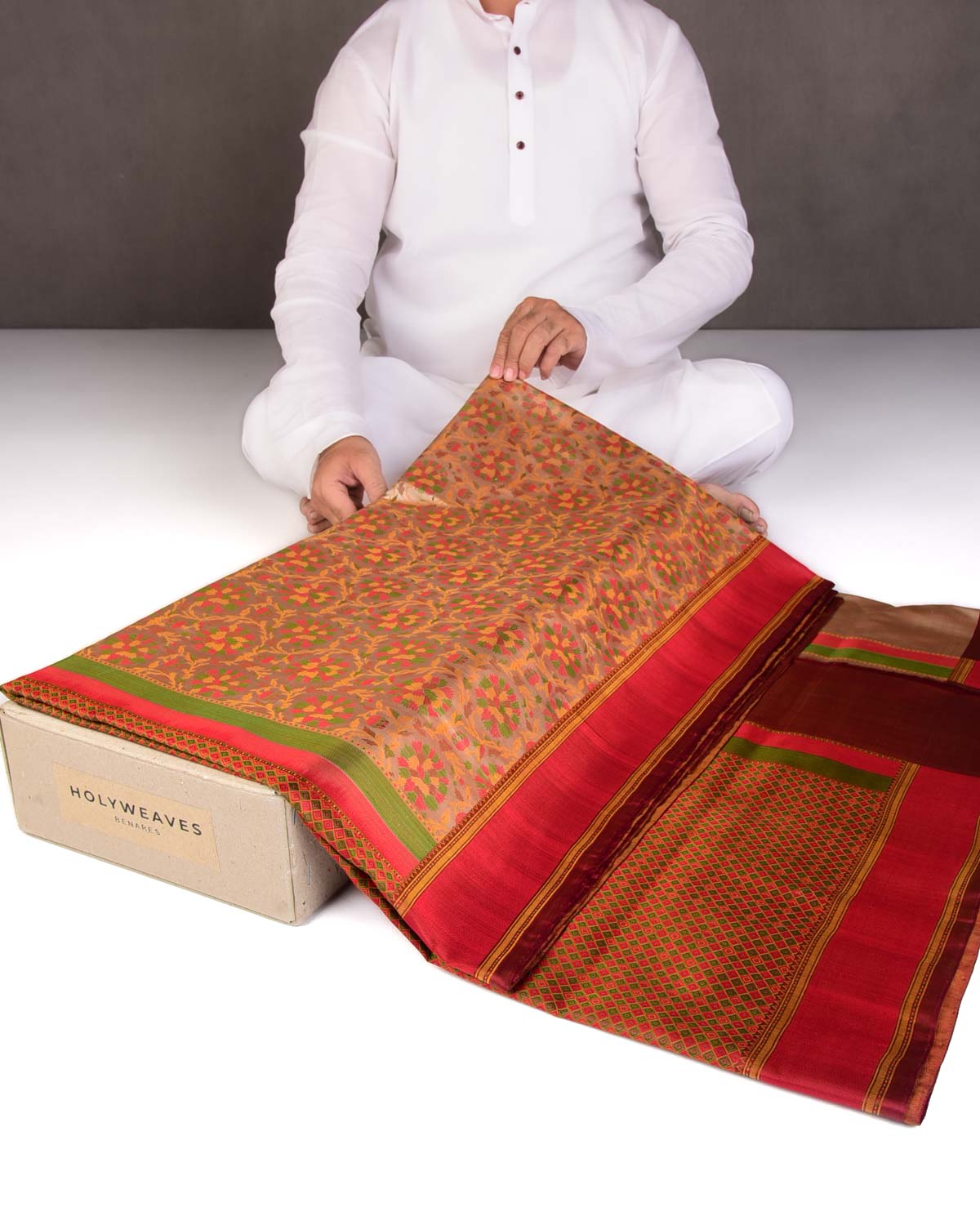 Beige Tehra Floral Satin Jamawar Handwoven Katan Silk Saree-HolyWeaves