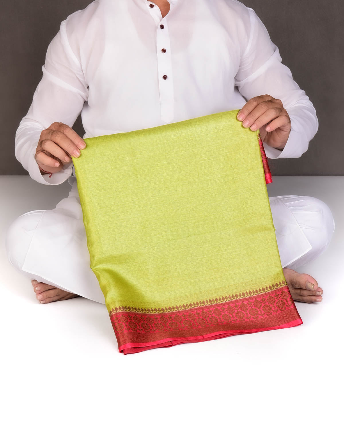 Lime Green Solid Woven Tasar Silk Saree with Contrast Border Pallu-HolyWeaves