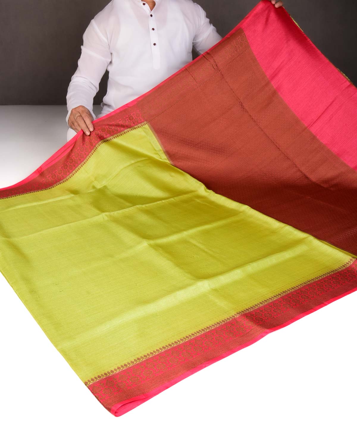 Lime Green Solid Woven Tasar Silk Saree with Contrast Border Pallu-HolyWeaves