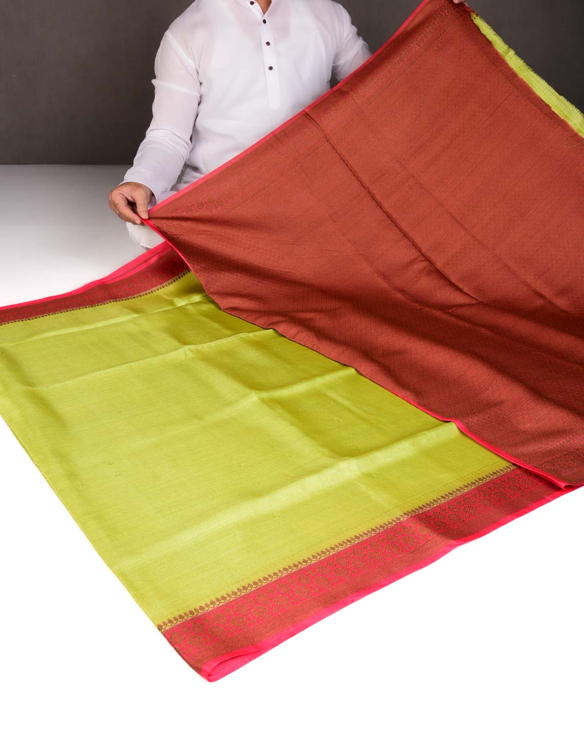 Lime Green Solid Woven Tasar Silk Saree with Contrast Border Pallu-HolyWeaves