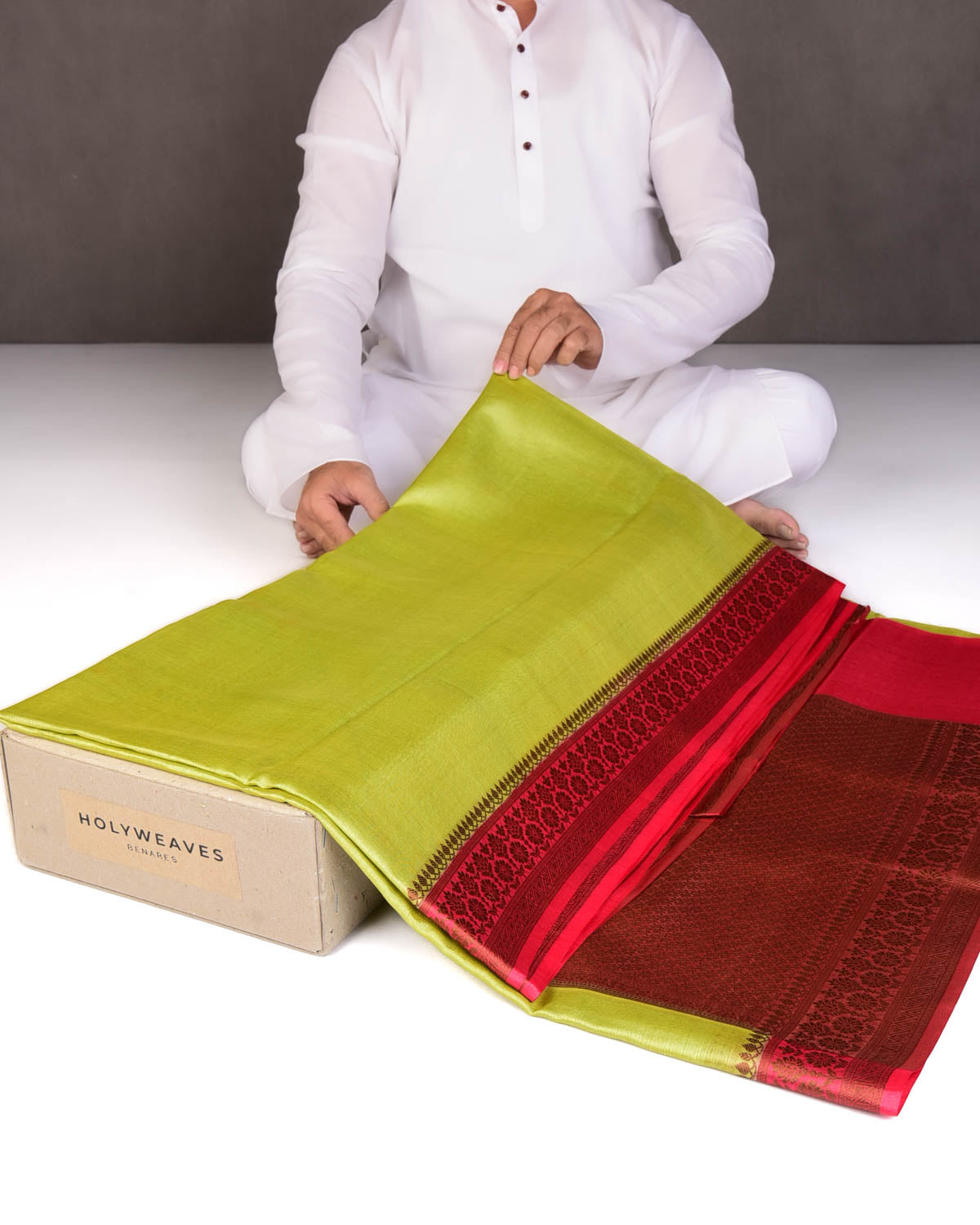 Lime Green Solid Woven Tasar Silk Saree with Contrast Border Pallu-HolyWeaves