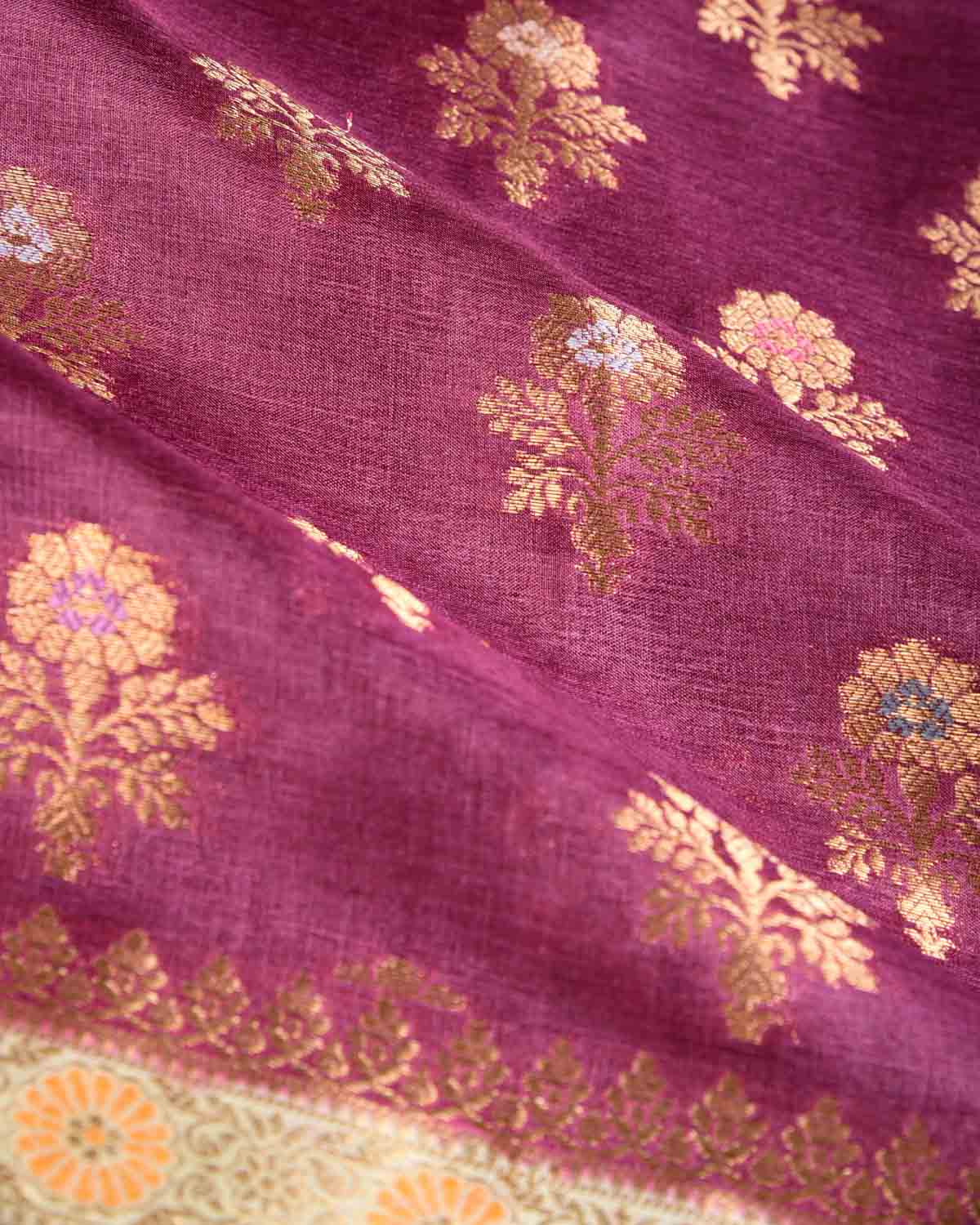 Garnet Alfi Zari & Meenekari Buti Cutwork Brocade Woven Tasar Silk Saree with Contrast Border Pallu-HolyWeaves