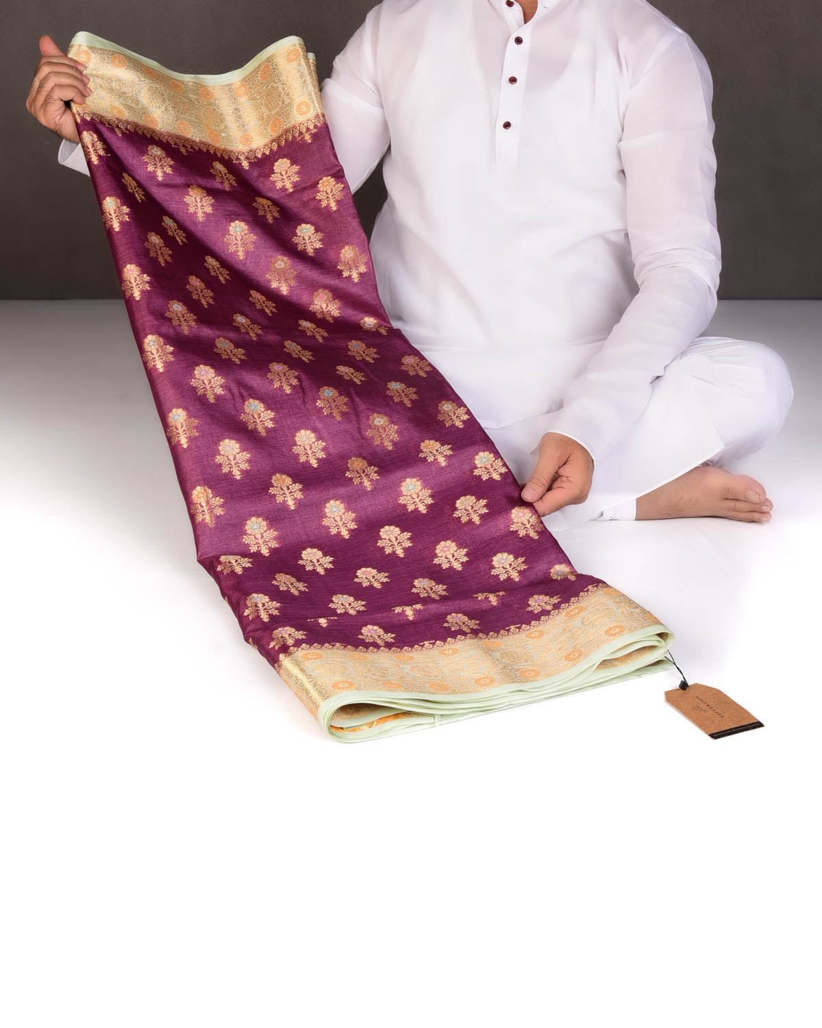 Garnet Alfi Zari & Meenekari Buti Cutwork Brocade Woven Tasar Silk Saree with Contrast Border Pallu-HolyWeaves