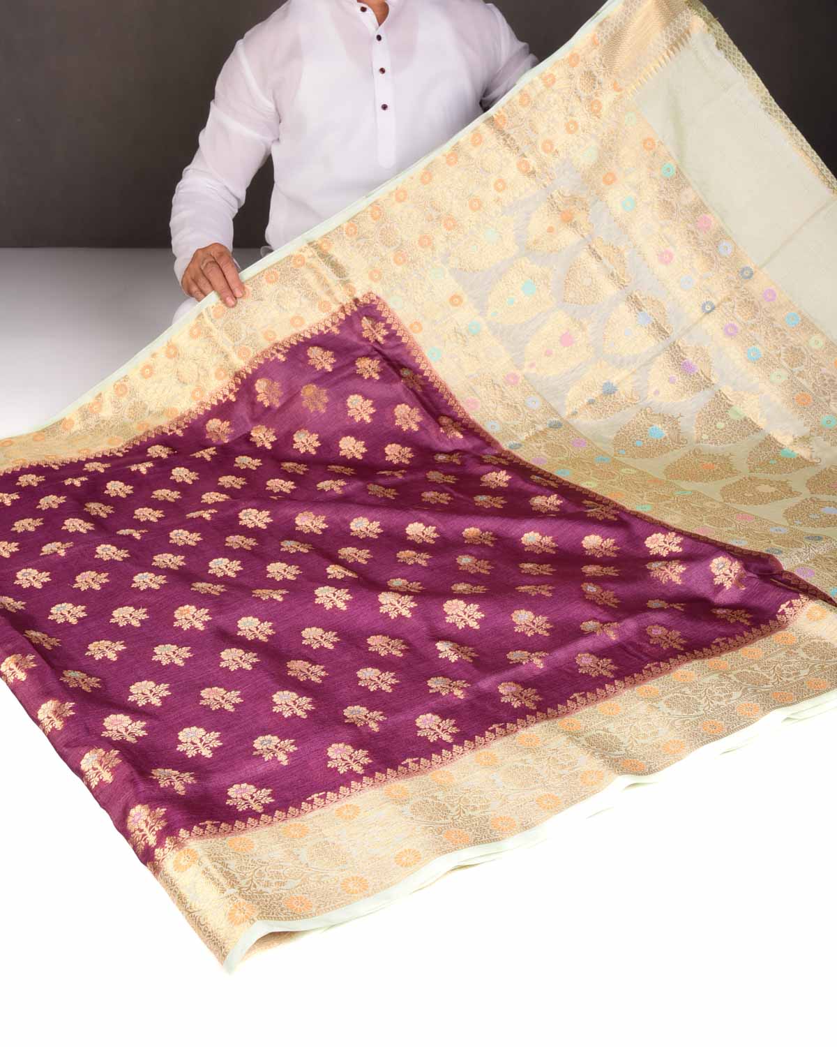 Garnet Alfi Zari & Meenekari Buti Cutwork Brocade Woven Tasar Silk Saree with Contrast Border Pallu-HolyWeaves
